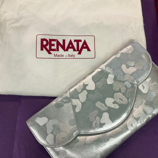 Vintage 1980s Italian RENATA Silver Faux Leather Abstract Leopard Print Clutch Bag, Rarely used in Original Box, Wedding, Formal Event