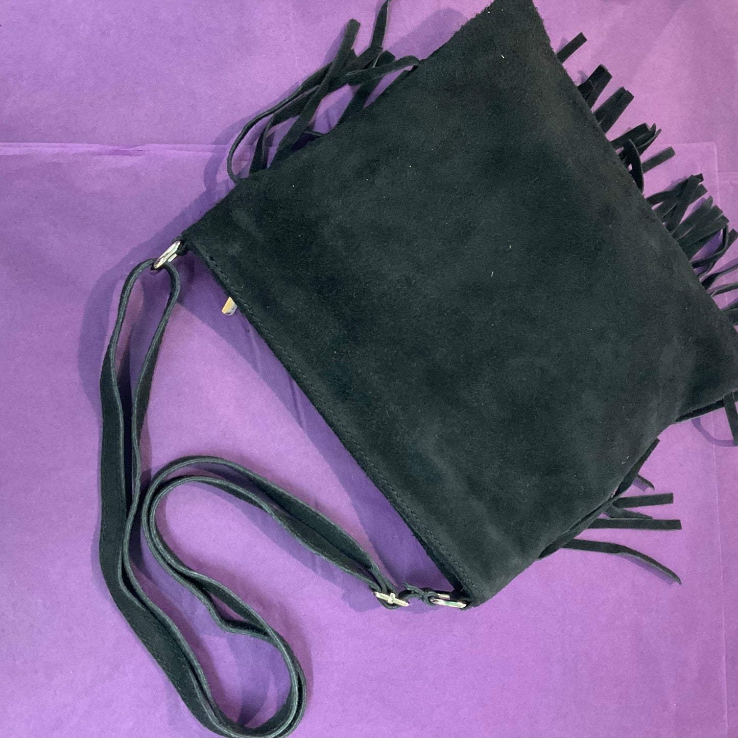 Vintage Italian Black Genuine Suede, Fringed Shoulder Bag, Lia Calia Vera Pelle, Shoulder or Cross Body, Festival, Birthday