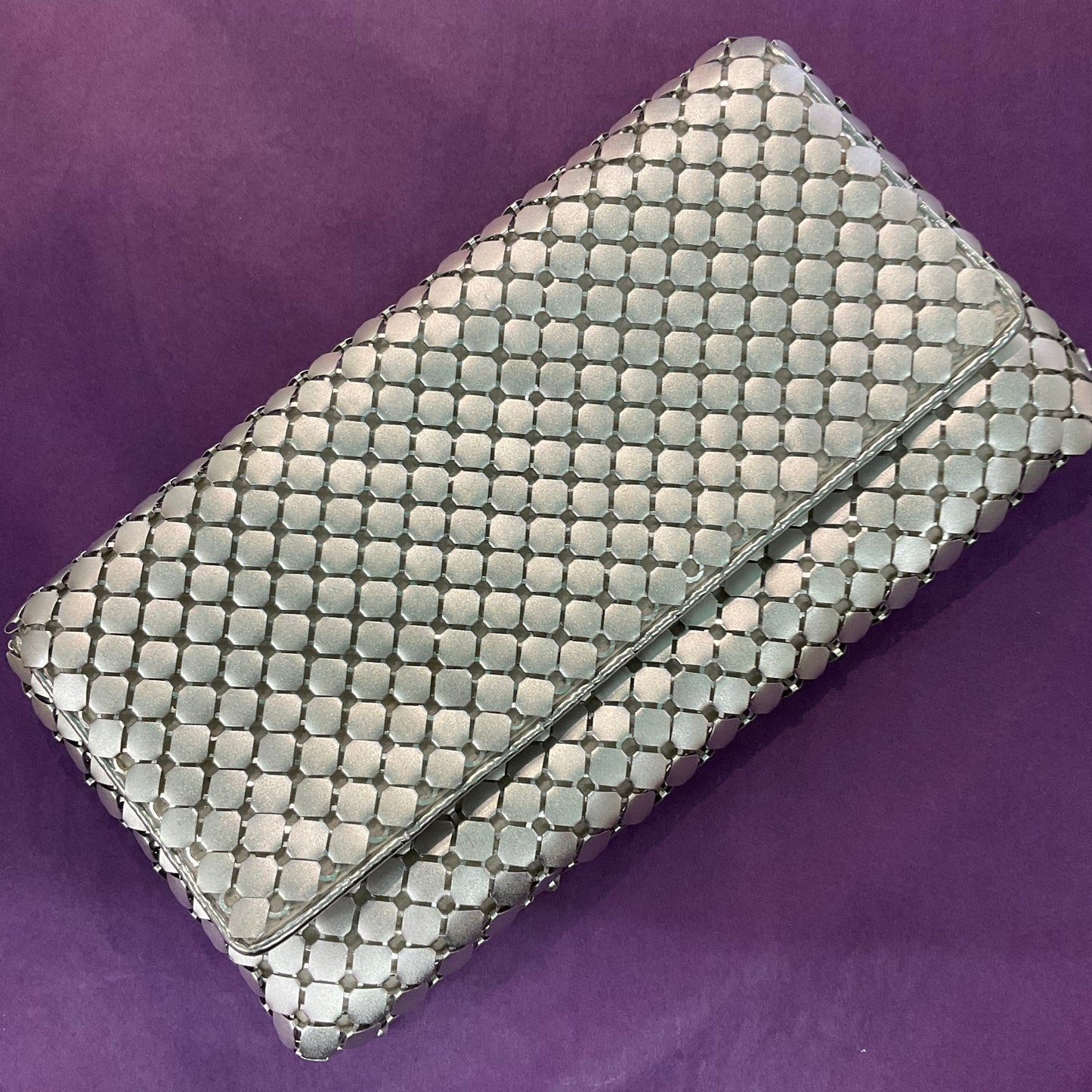 Vintage large silver metallic disc/chainmail clutch or shoulder bag by MARINA GALANTI, ladies night.