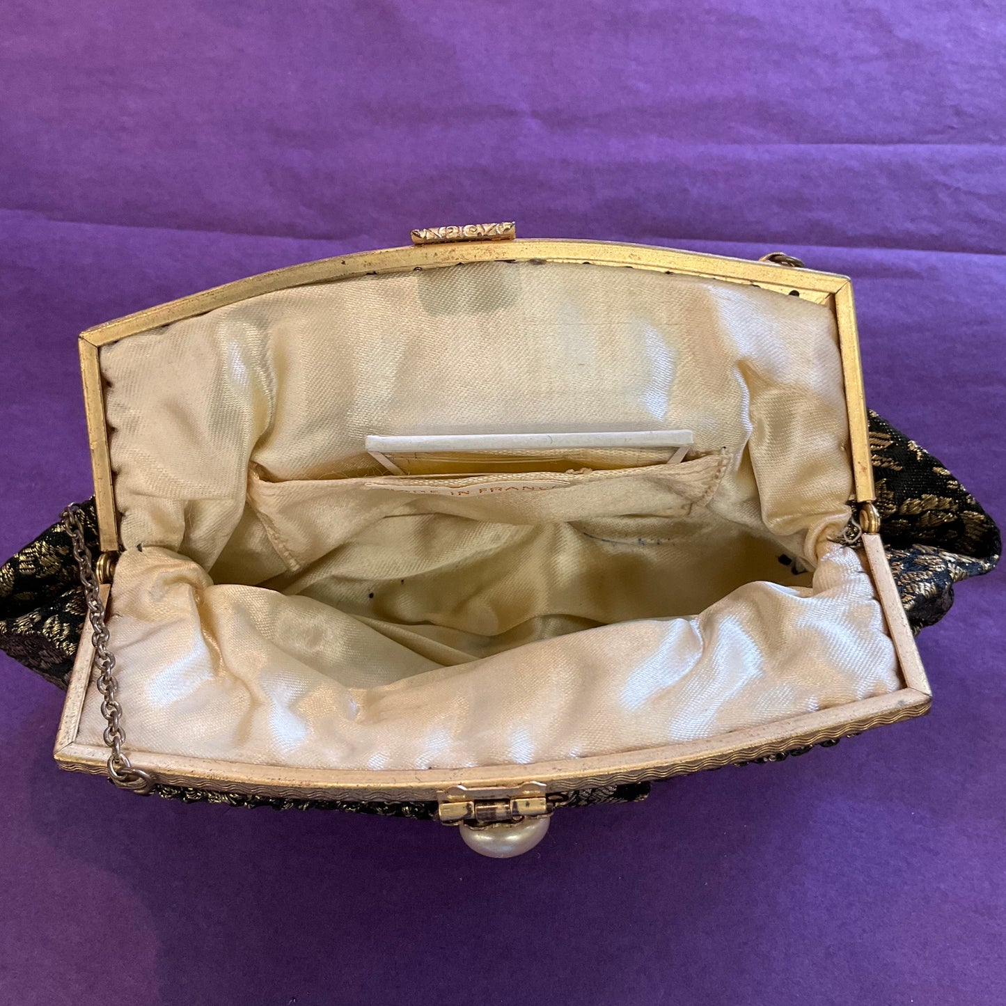 Vintage French 1930s/40s gold and black floral brocade evening bag, wedding, formal event.