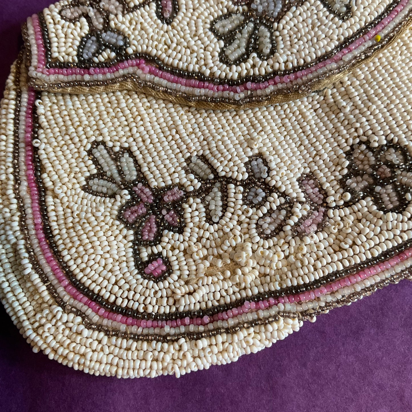 Antique Edwardian/Art deco ivory and pink floral beaded evening bag, flapper girl, downton abbey.