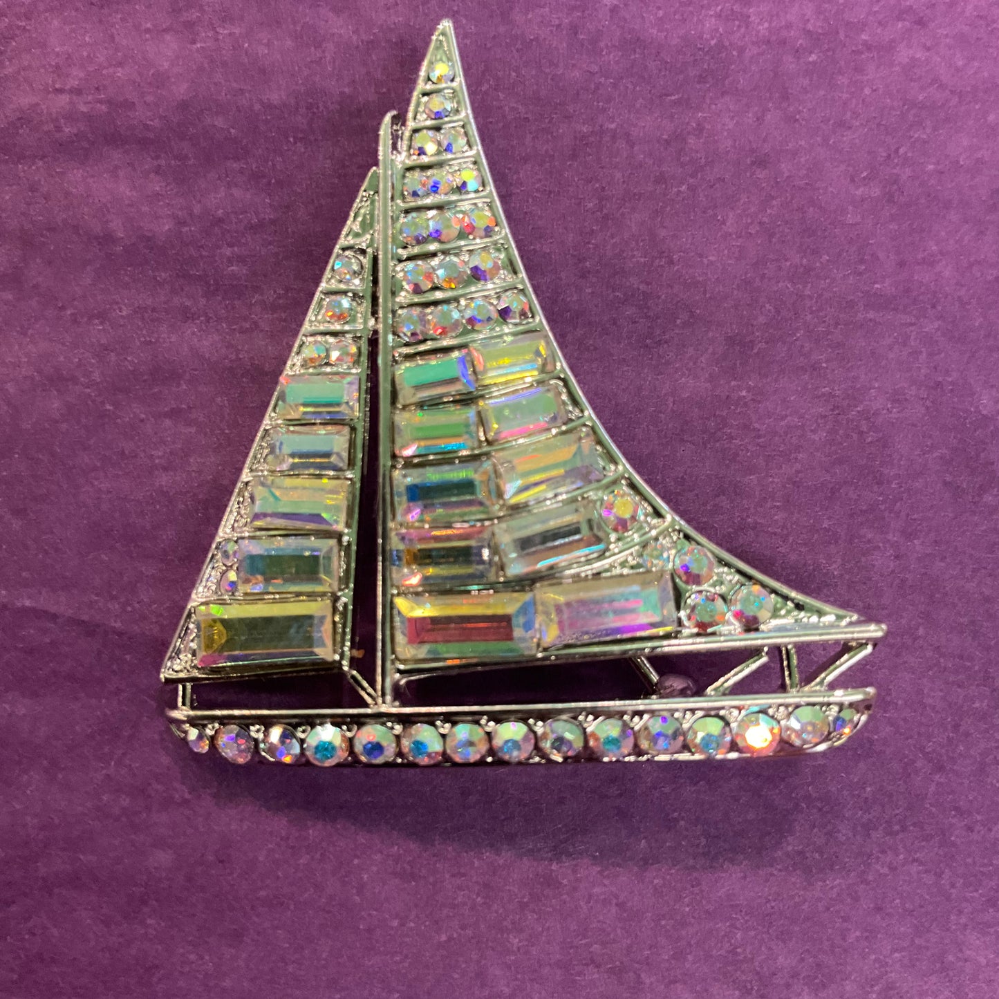 Vintage Butler & Wilson Sailing Boat Brooch AB Crystal Silver Tone