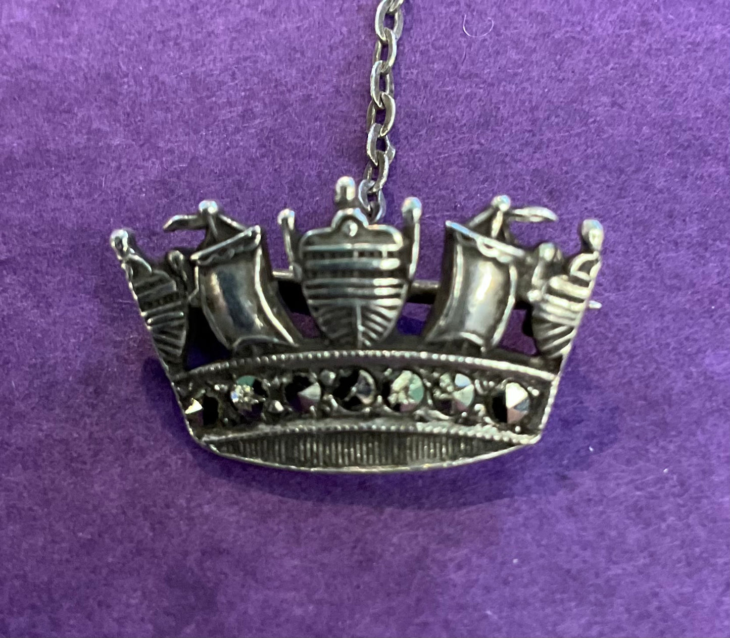 Antique small Sterling Silver and Marcasite Crown Brooch, safety chain, stamped