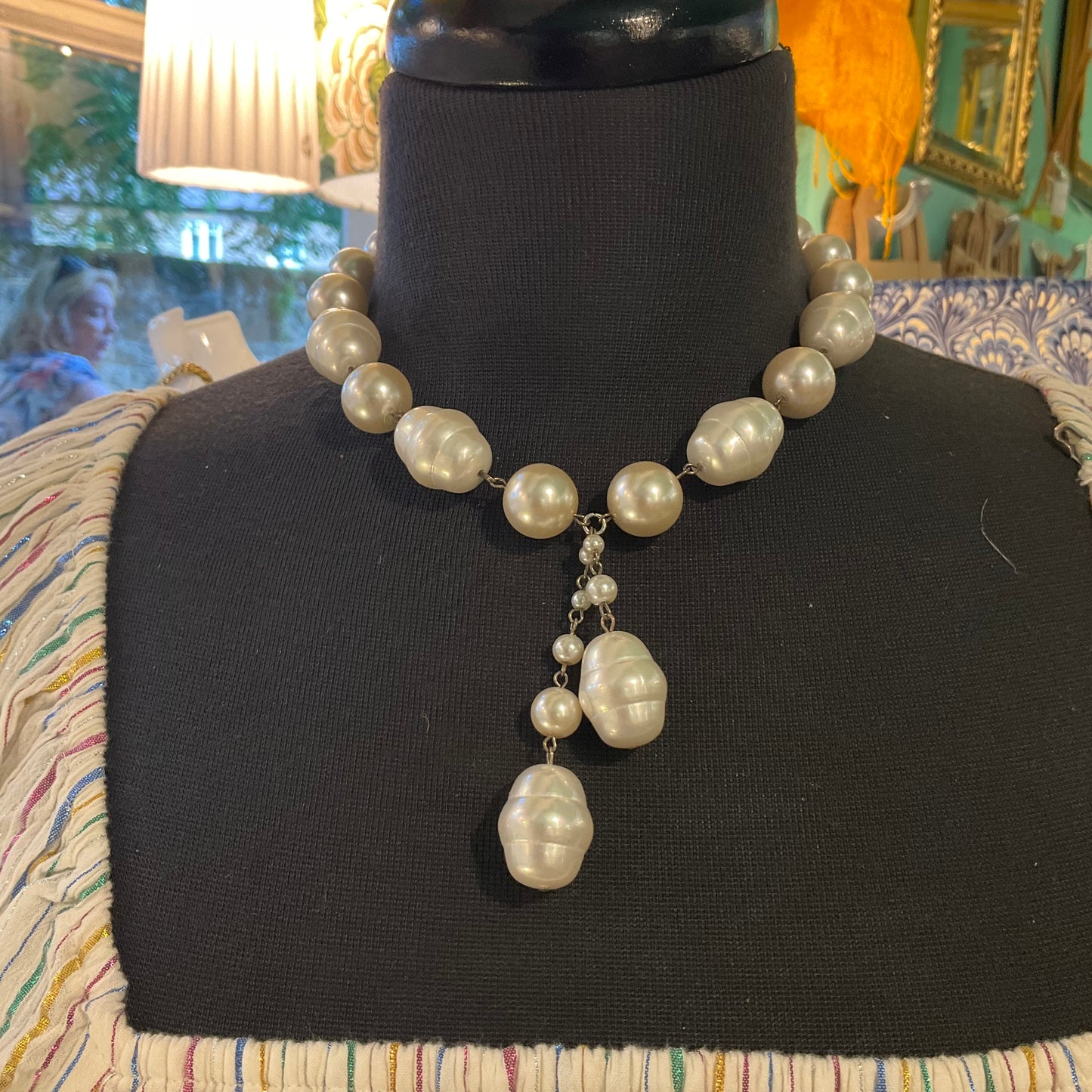 Vintage Butler and Wilson Statement Shell Pearl & Faux Pearl Beaded Tassle Necklace,Signed in original Box, Wedding , Birthday