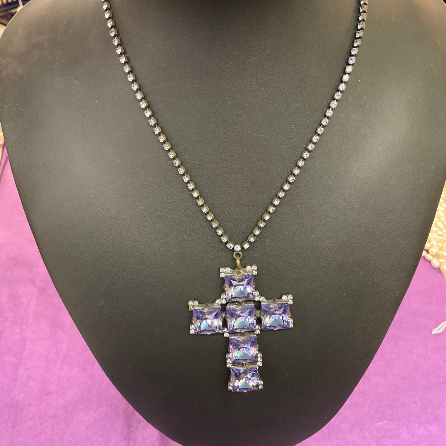 Vintage Purple Rhinestone and Crystal Crucifix Necklace By Butler and Wilson