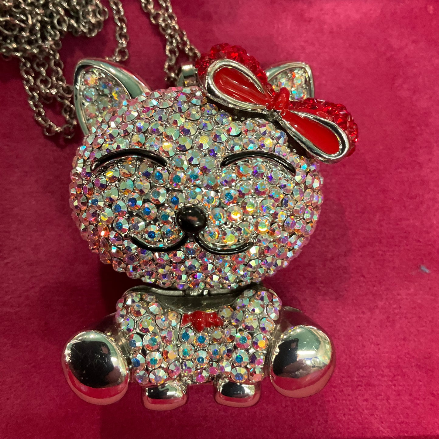 Vintage Butler and Wilson large Happy kitty rainbow Borealis rhinestone long pendant. signed in AB, prom, festival, birthday