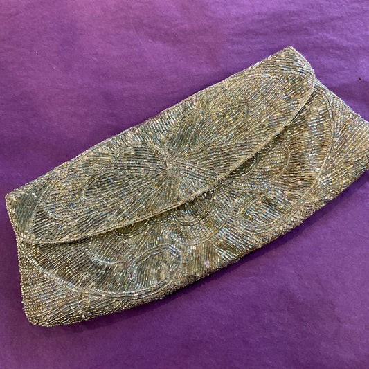 Vintage Aurora Borealis Silver Beaded Clutch Evening Bag , wedding, gifts for her , birthday