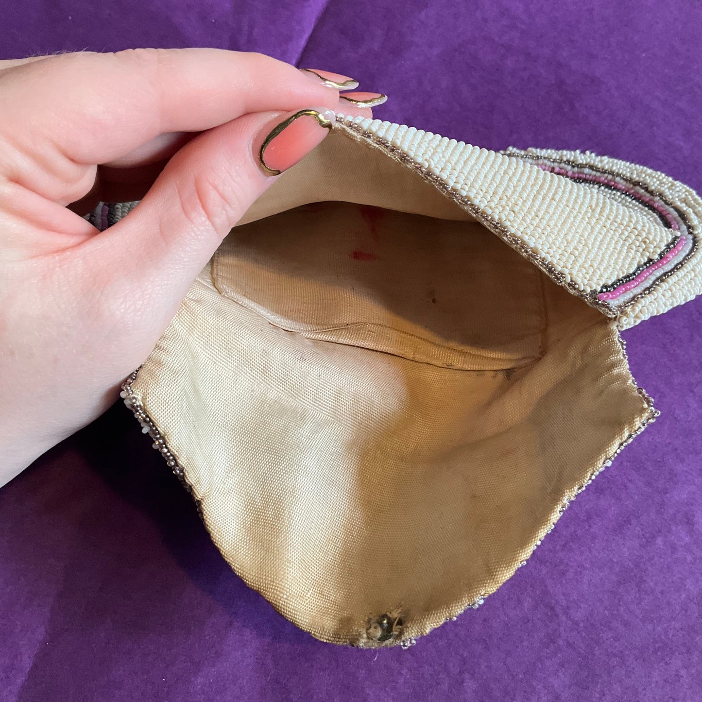 Antique Edwardian/Art deco ivory and pink floral beaded evening bag, flapper girl, downton abbey.