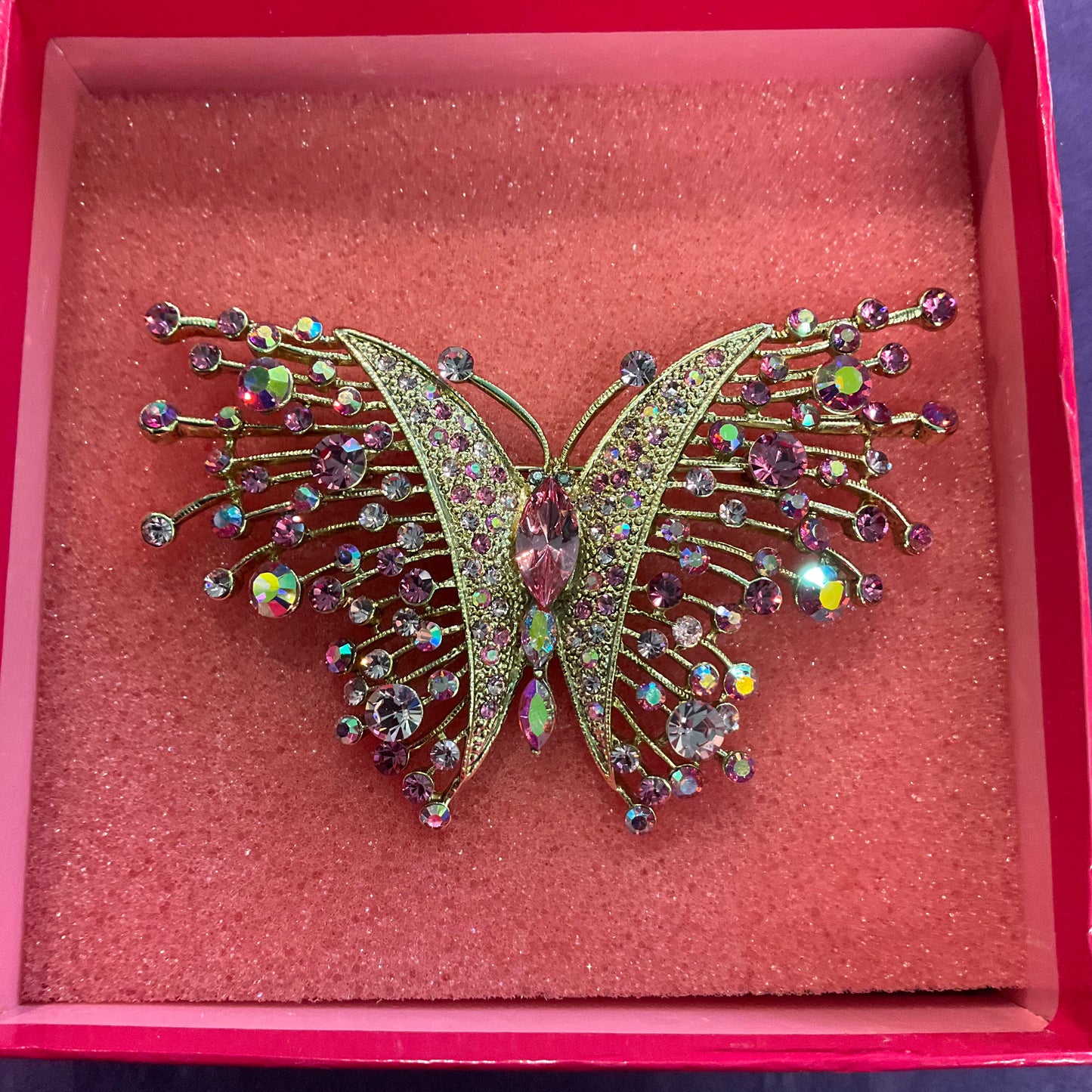 Vintage Butler and Wilson Oversized Pink Aurora Borealis Crystal Butterfly Brooch, signed In original box, gifts for them