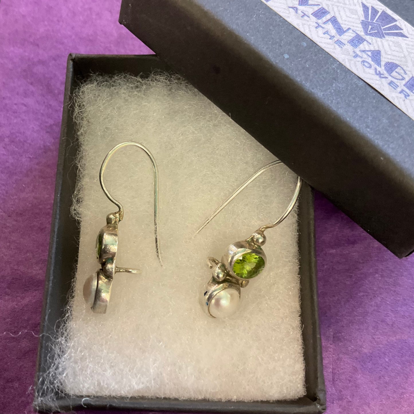 Vintage Silver (925), Peridot Gemstone and Fresh Water Pearl Drop Earrings , Birthday gift, gift for mother, August Birthday