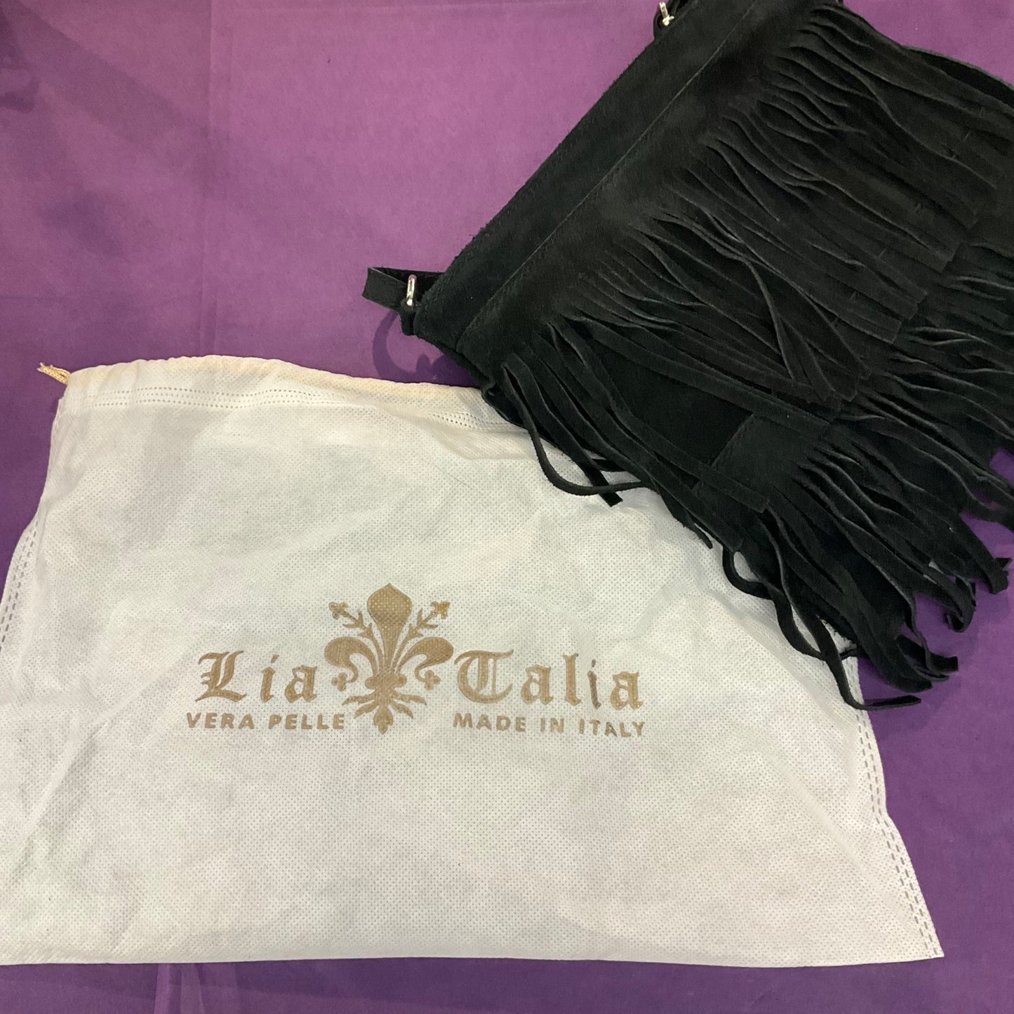 Vintage Italian Black Genuine Suede, Fringed Shoulder Bag, Lia Calia Vera Pelle, Shoulder or Cross Body, Festival, Birthday