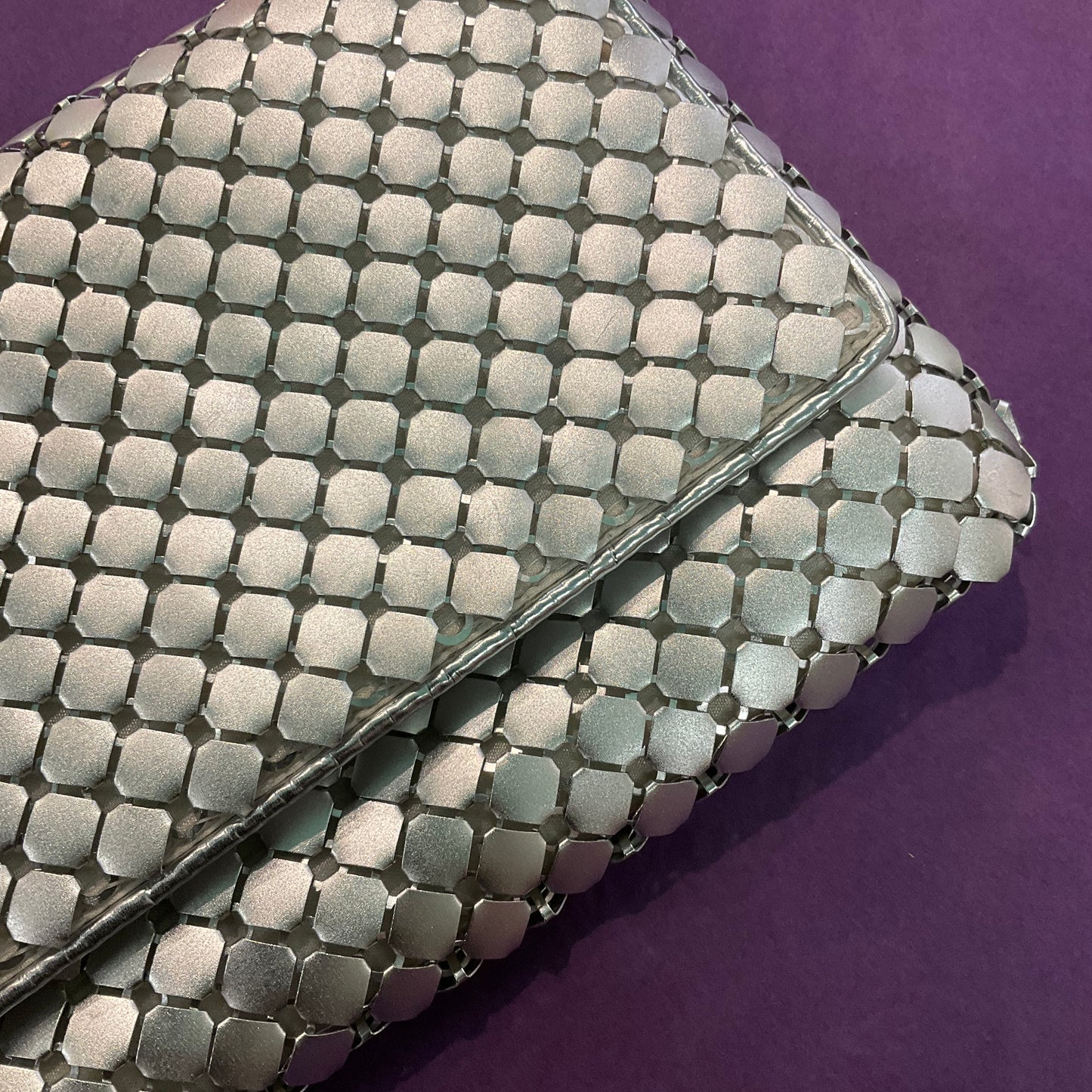 Vintage large silver metallic disc/chainmail clutch or shoulder bag by MARINA GALANTI, ladies night.