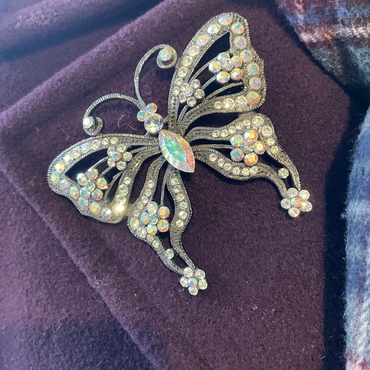 Vintage Butler and Wilson large pewter tone Rainbow Borealis Rhinestone crystal Butterfly Brooch, signed