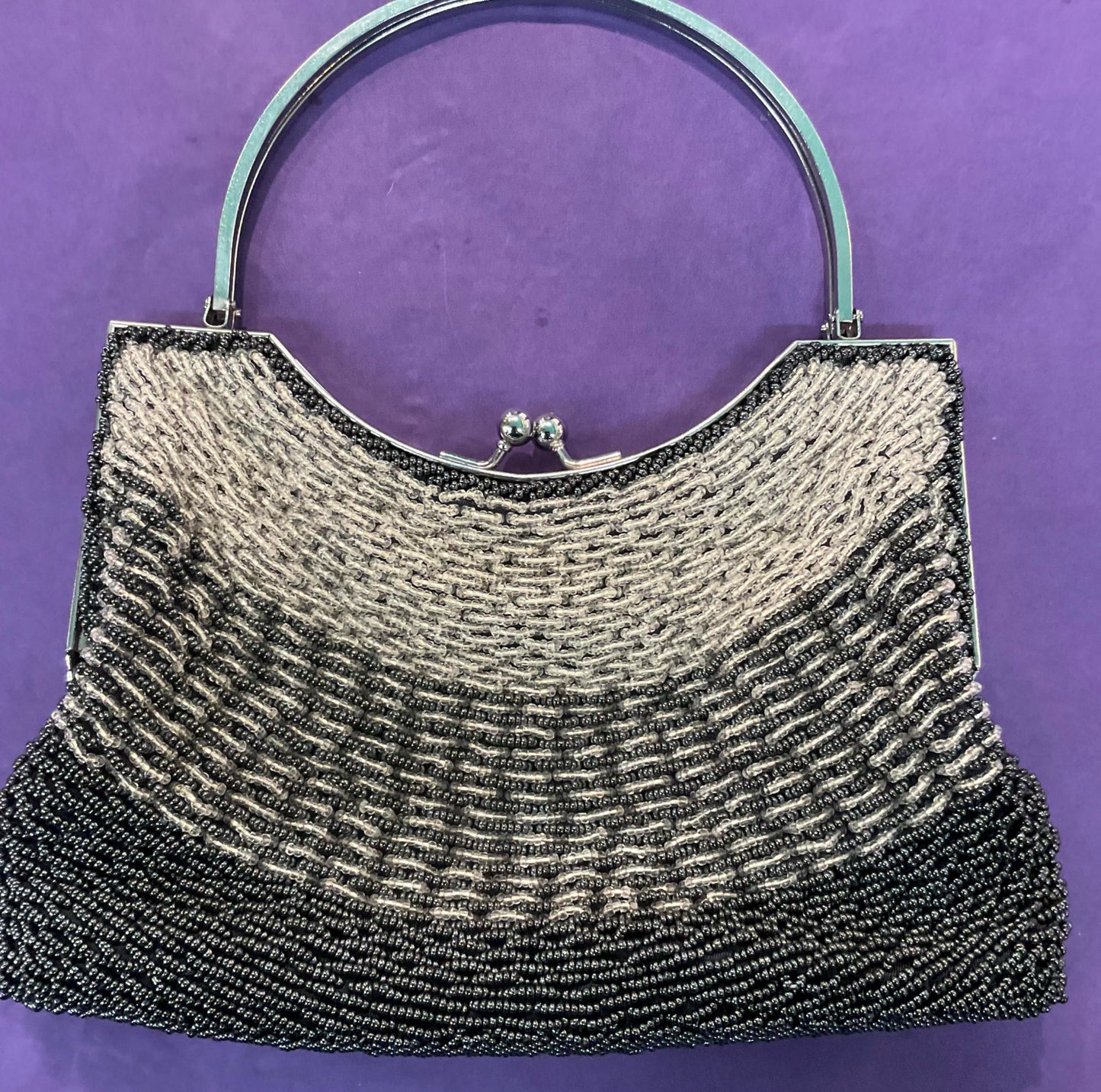 Vintage 1960s hand made silver/graphite beaded evening bag. Le Soir.