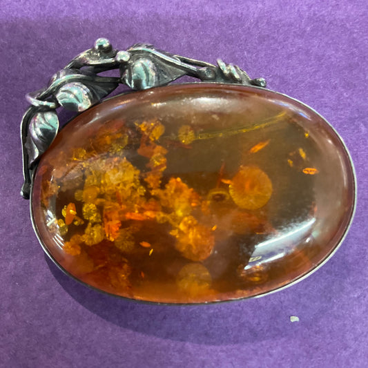 Vintage large artisan jeweller made silver and amber Gemstone art nouveau style brooch