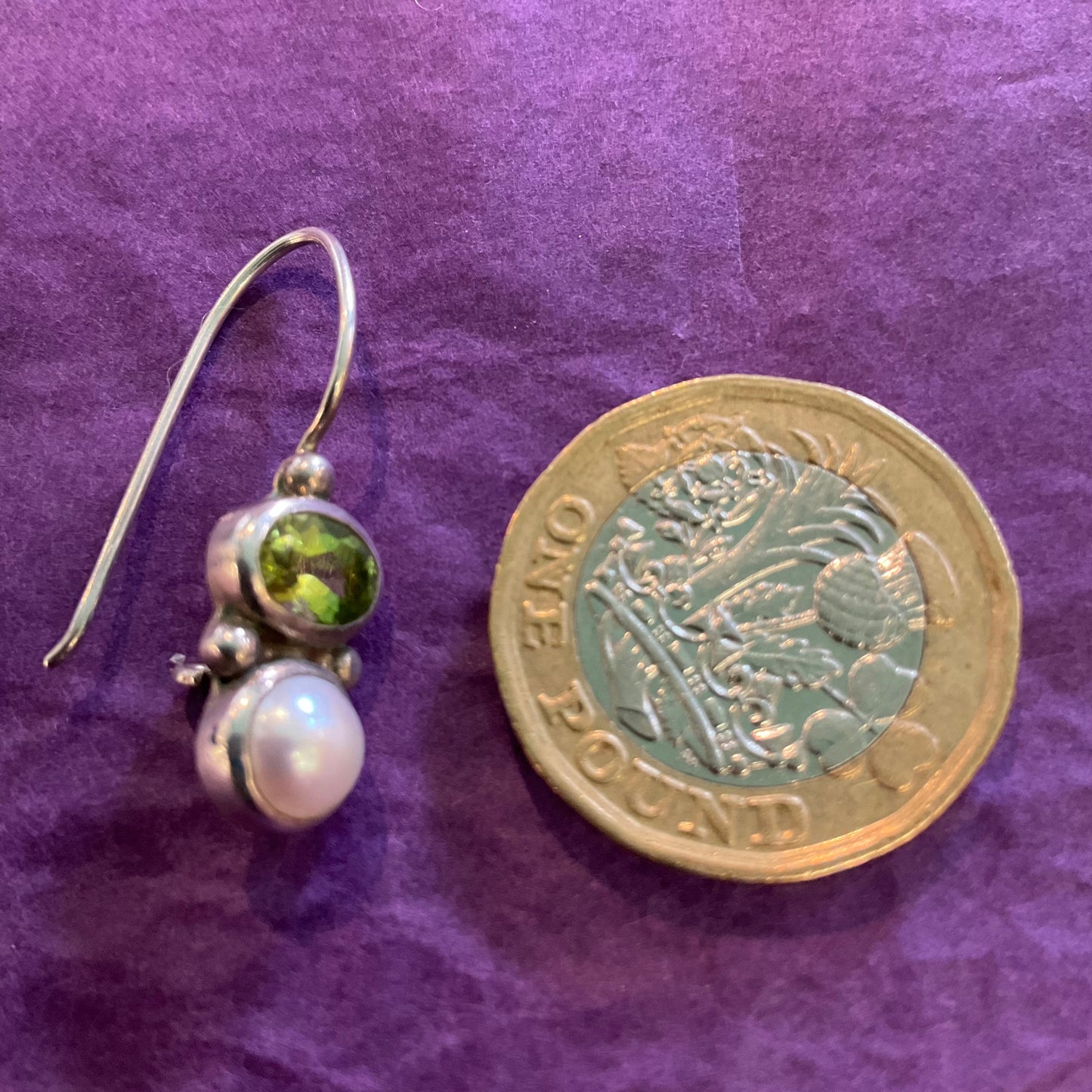 Vintage Silver (925), Peridot Gemstone and Fresh Water Pearl Drop Earrings , Birthday gift, gift for mother, August Birthday