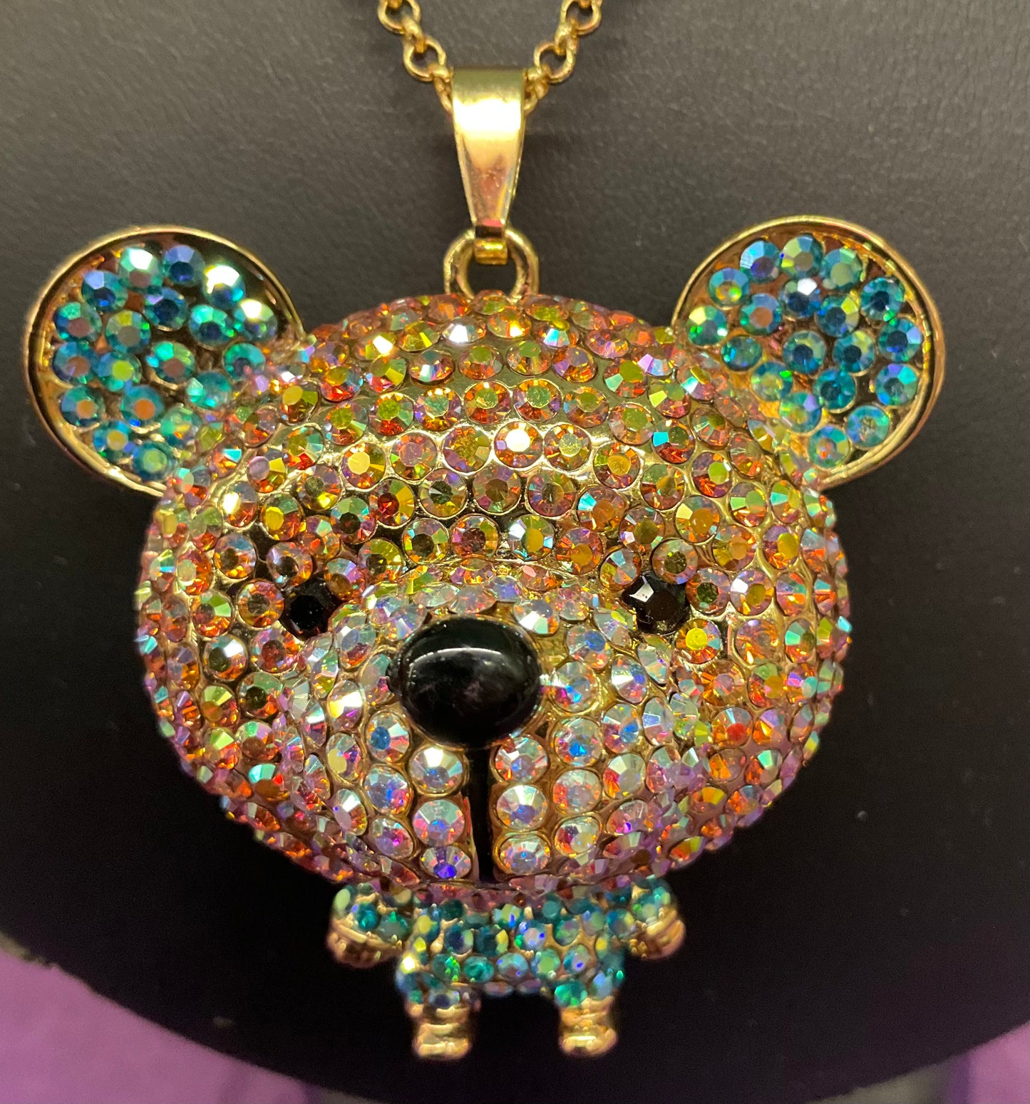 Vintage Butler and Wilson Quirky Rainbow Borealis Crystal Teddy Bear long Pendant, Signed in original box, Birthday Gift