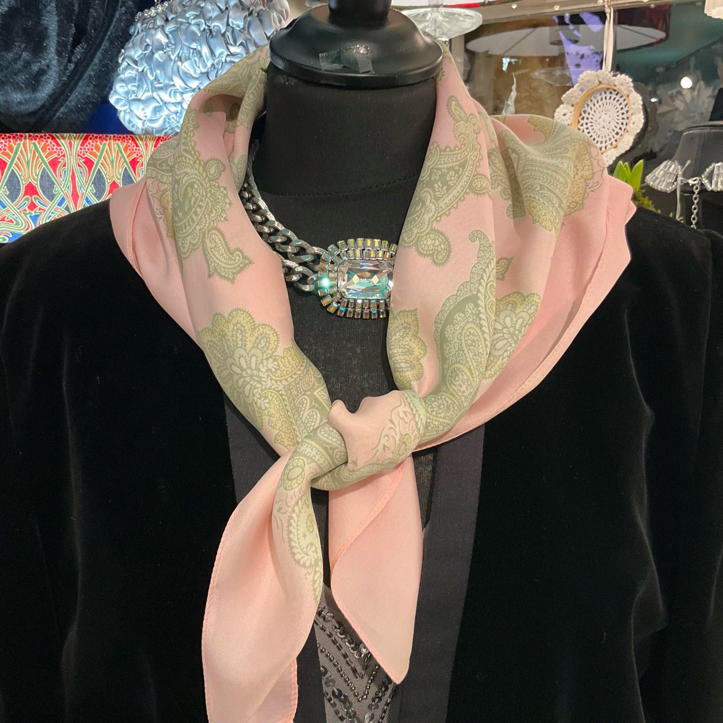 Vintage 1950s/60s liberty of London pure silk pale pink and green Paisley scarf. Made in England.