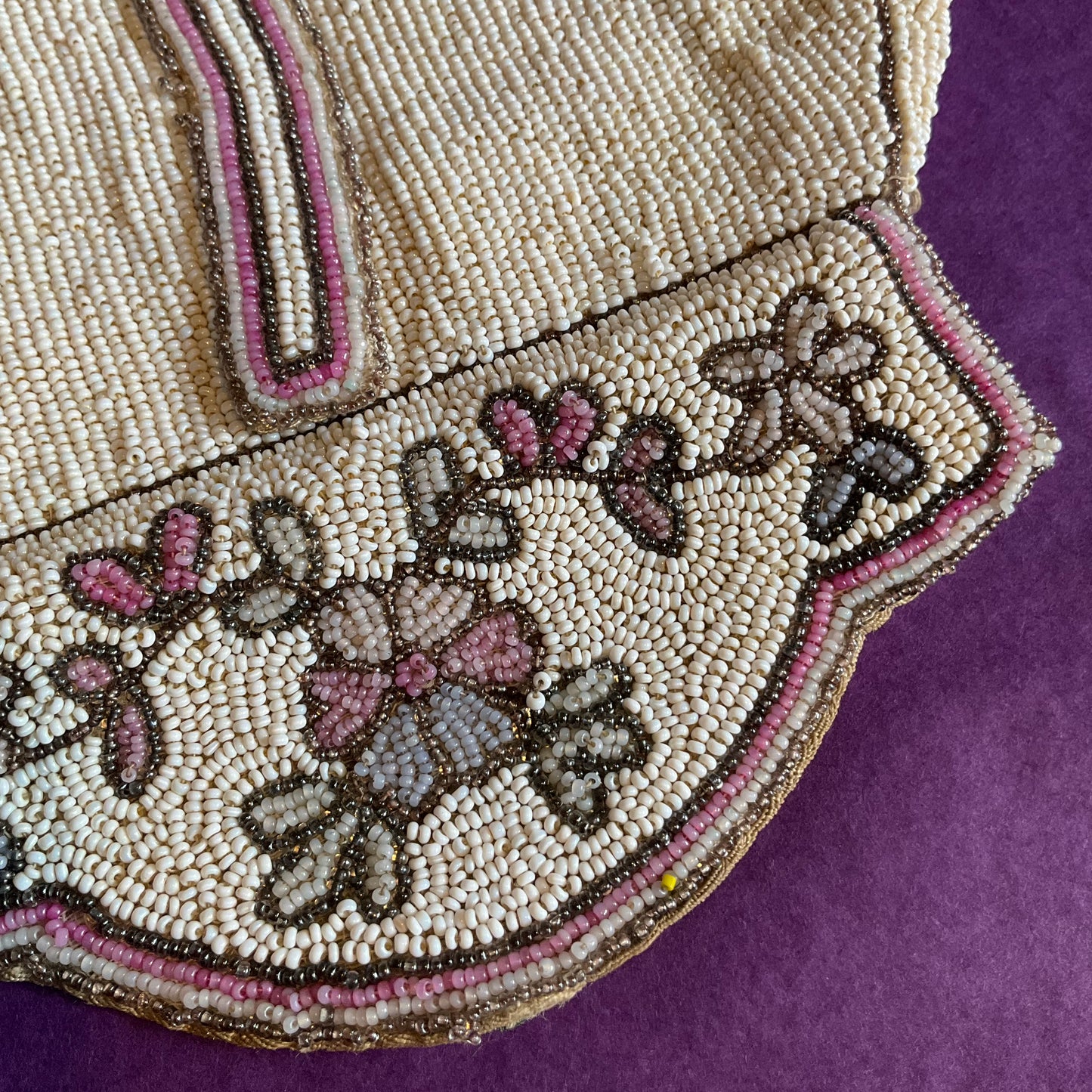 Antique Edwardian/Art deco ivory and pink floral beaded evening bag, flapper girl, downton abbey.