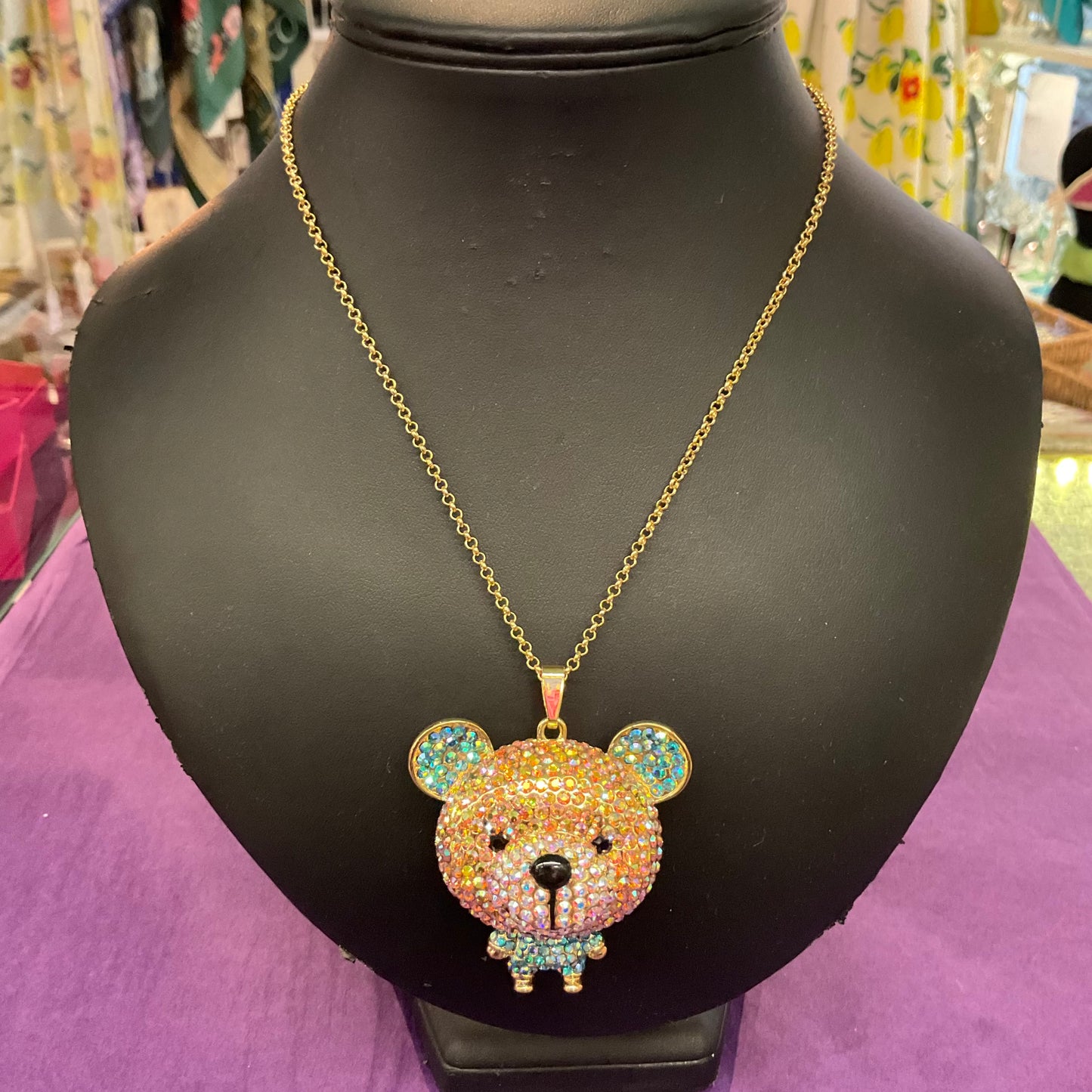 Vintage Butler and Wilson Quirky Rainbow Borealis Crystal Teddy Bear long Pendant, Signed in original box, Birthday Gift