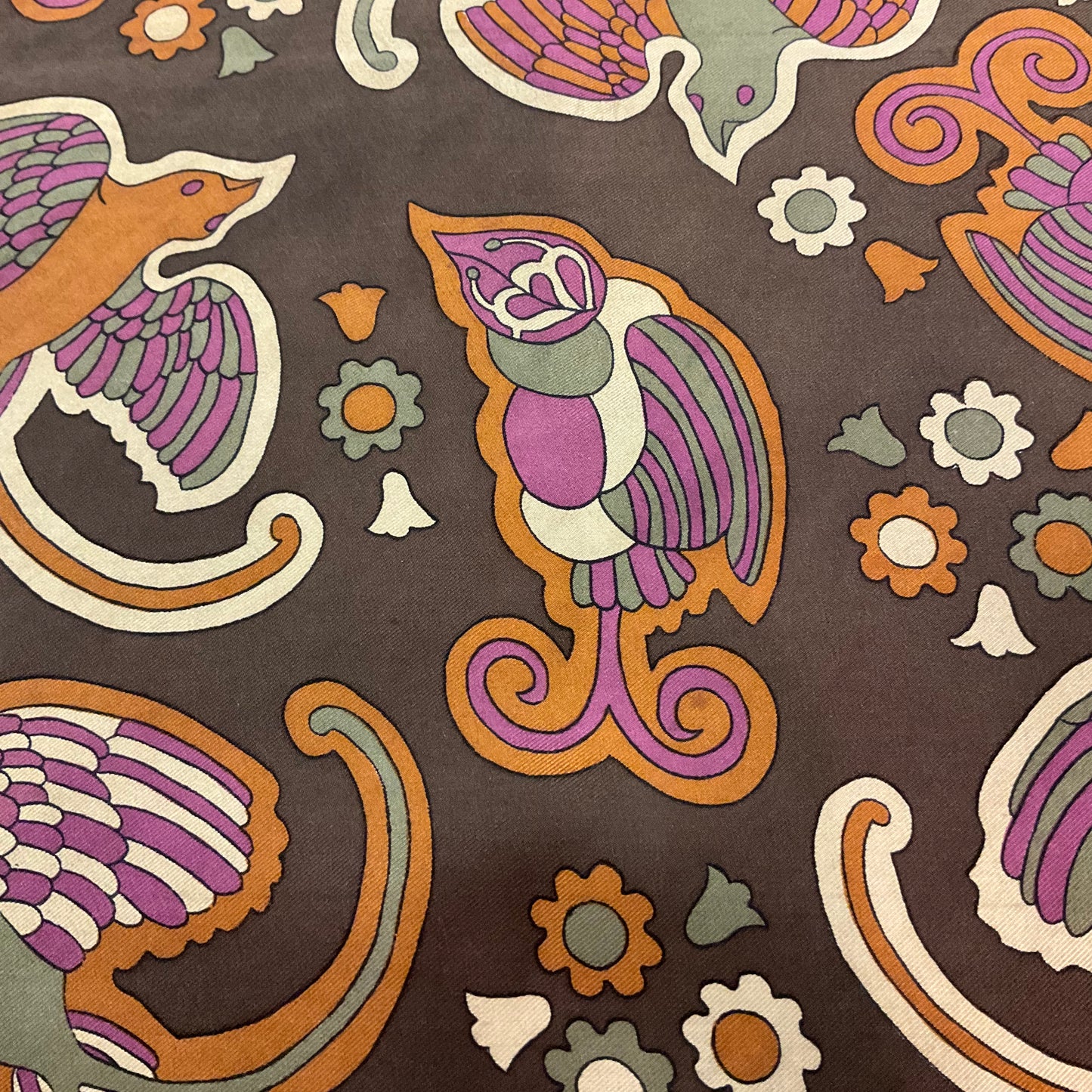 Vintage 1960s/70s Pure Silk Scarf, Birds and Floral Print, Made in England, Browns and Purples, Gifts for her