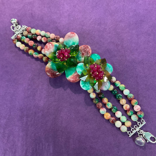 Vintage Butler and Wilson green and pink polished agate and gemstone flower garland statement Bracelet. Signed, in own box, gifts for her, wedding, festival.
