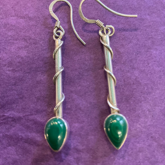 Vintage Art Nouveau Style Silver (925) and Malacite Gemstone Long Drop Earrings , Stone of Transformation, Gifts for Her