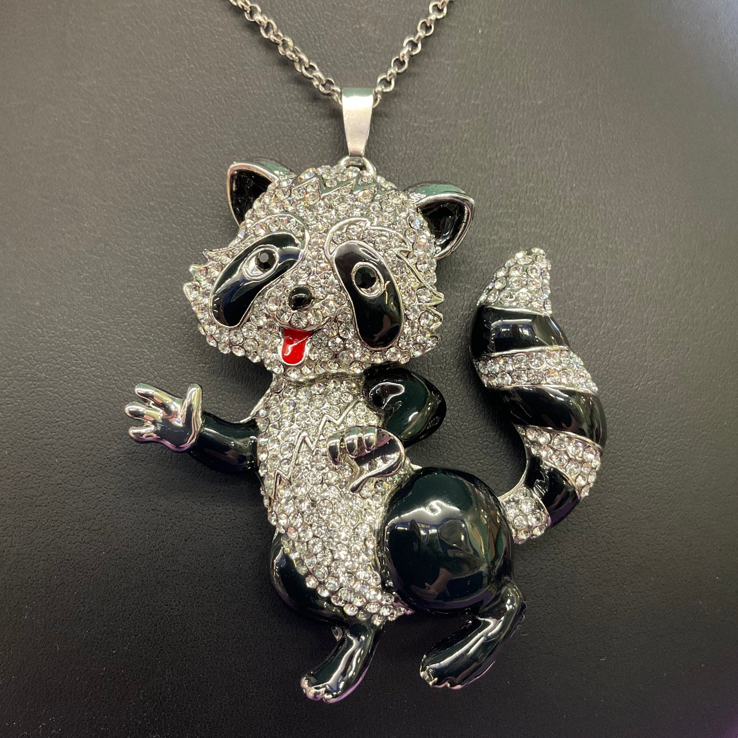 Vintage Quirky Butler and wilson oversized Rhinestone and enamel Raccoon pendant, signed. Gift for her