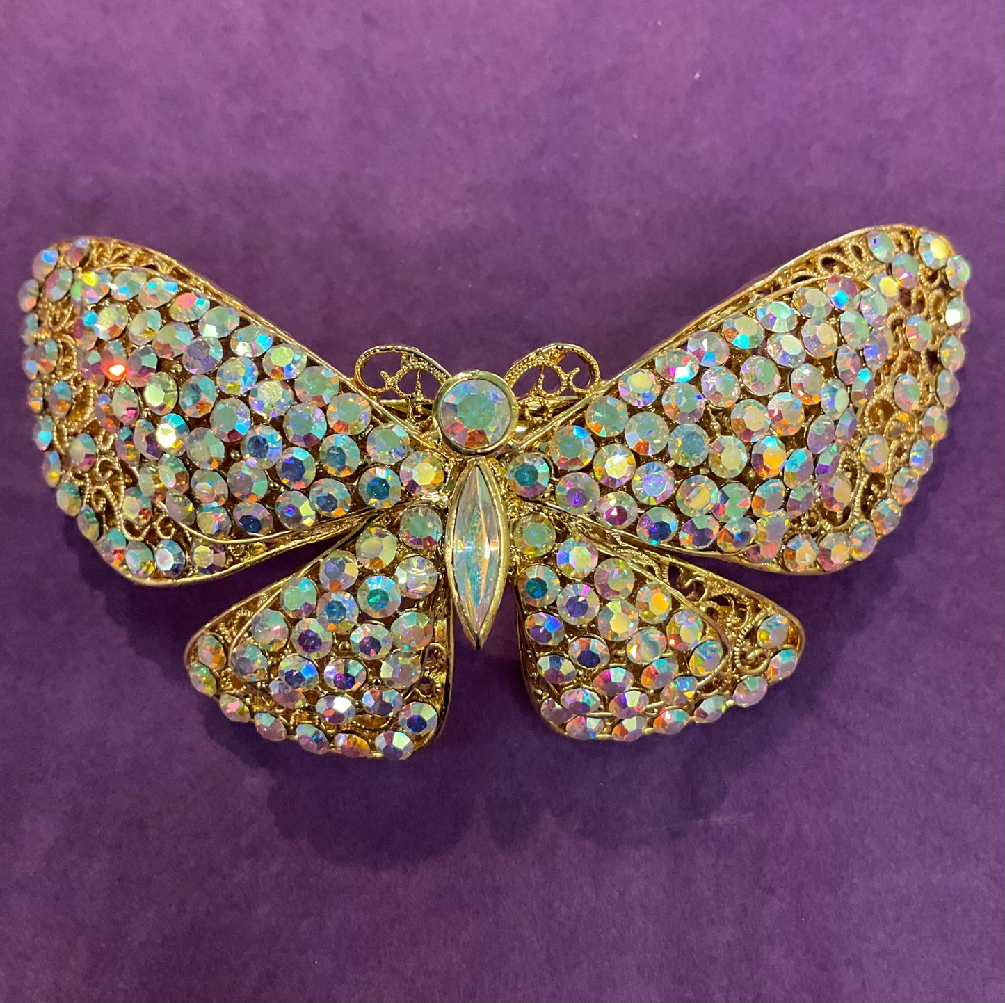 Vintage Butler and Wilson Gold Tone & Aurora Borealis Crystal Large Butterfly Barette/ Hair Clip, signed in original box, wedding, festival