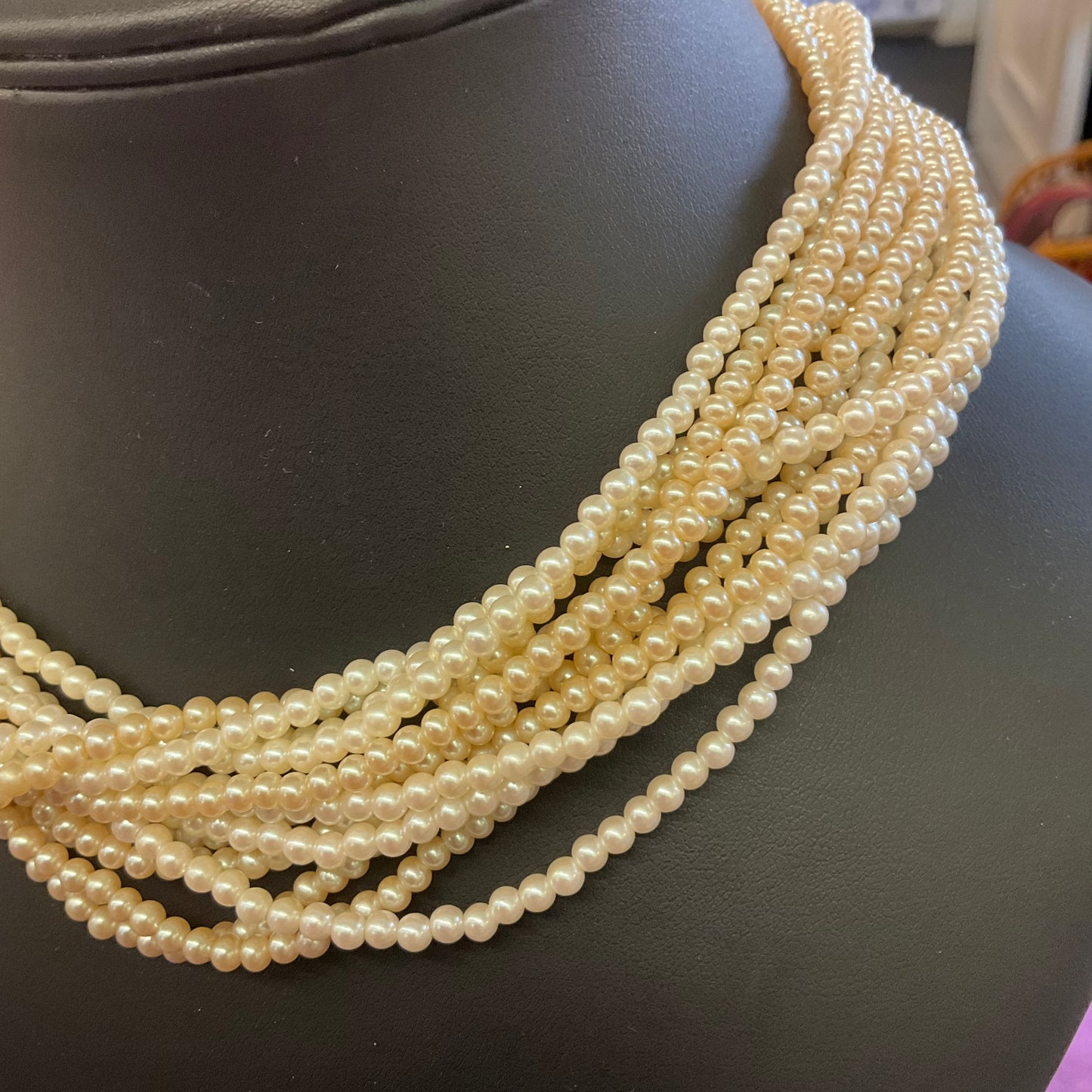 Vintage faux pearl multi strand beaded choker style necklace, wedding, prom, gift for her