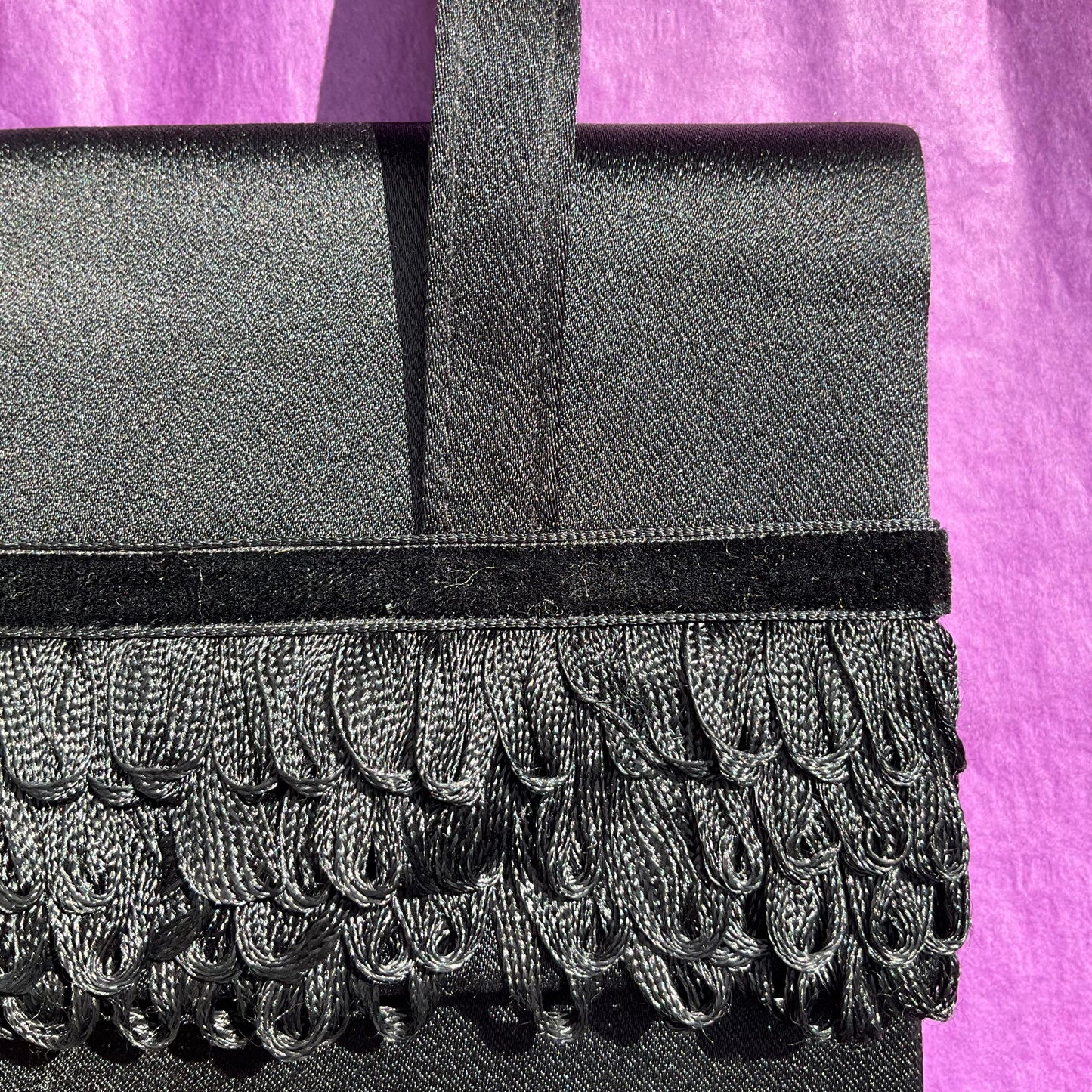 Vintage Italian Black Satin Fringed Cocktail Bag and Purse