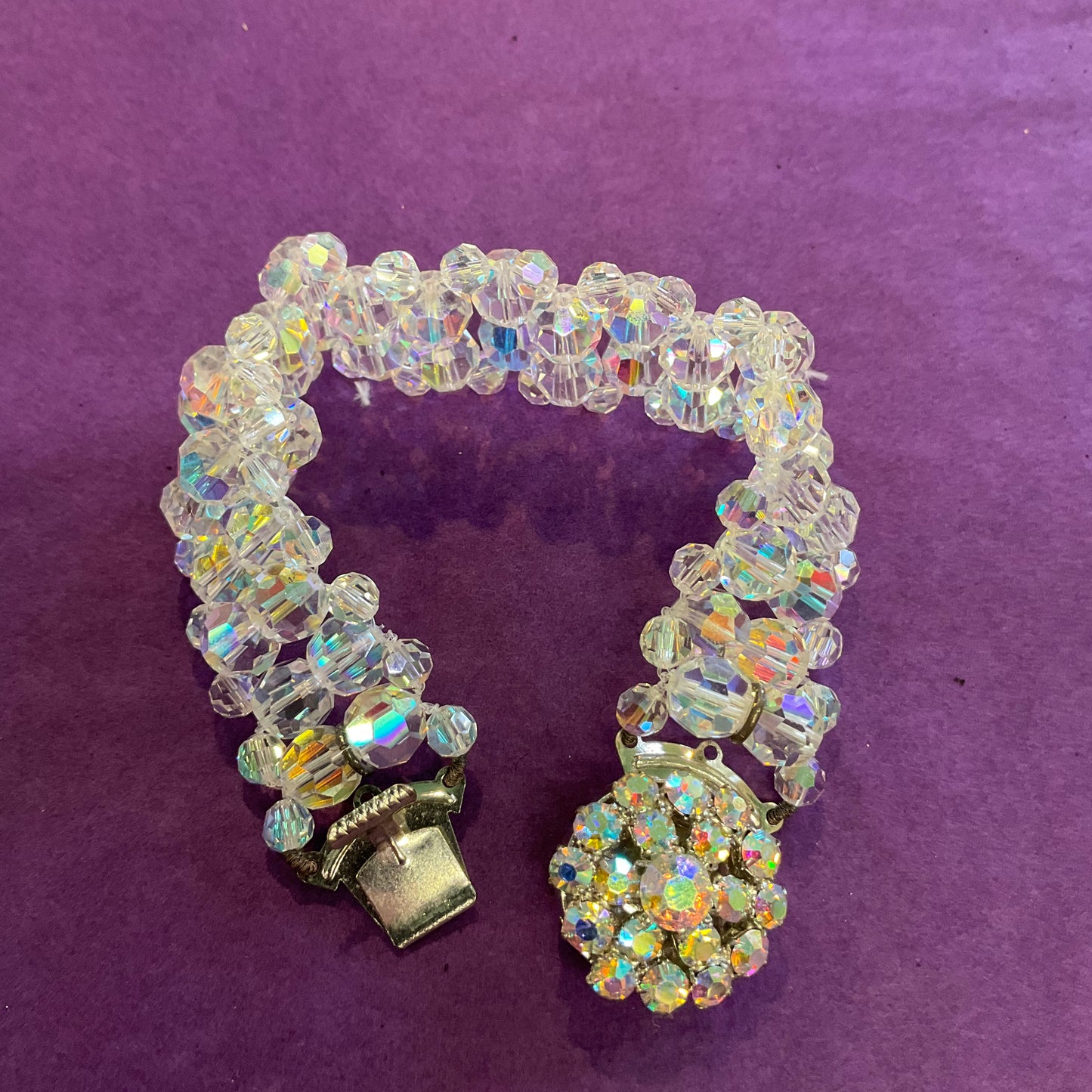 Vintage 1950s Rainbow Borealis Crystal bracelet, rhinestone clasp, wedding, prom, gift for her.