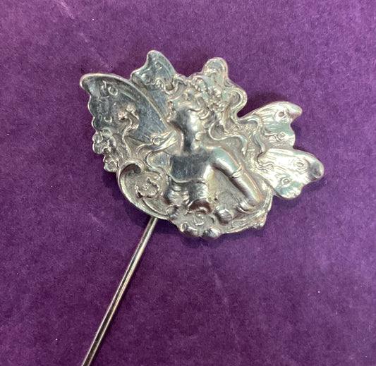 Vintage Art nouveau style fairy pewter label pin, Art Nouveau lady, birthday.
