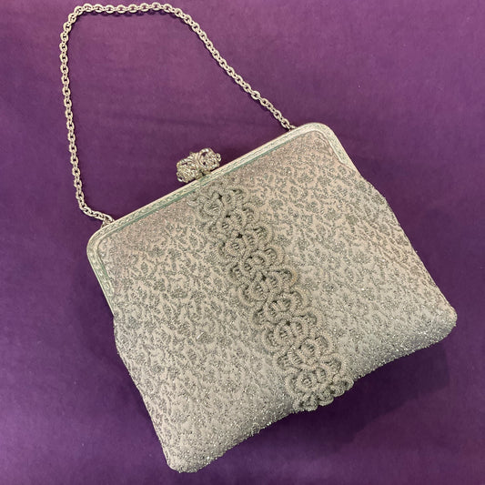 Vintage 1960s Silver Lurex brocade cocktail bag by CAMY, unused in original box, metallic thread. Formal event, vintage wedding.