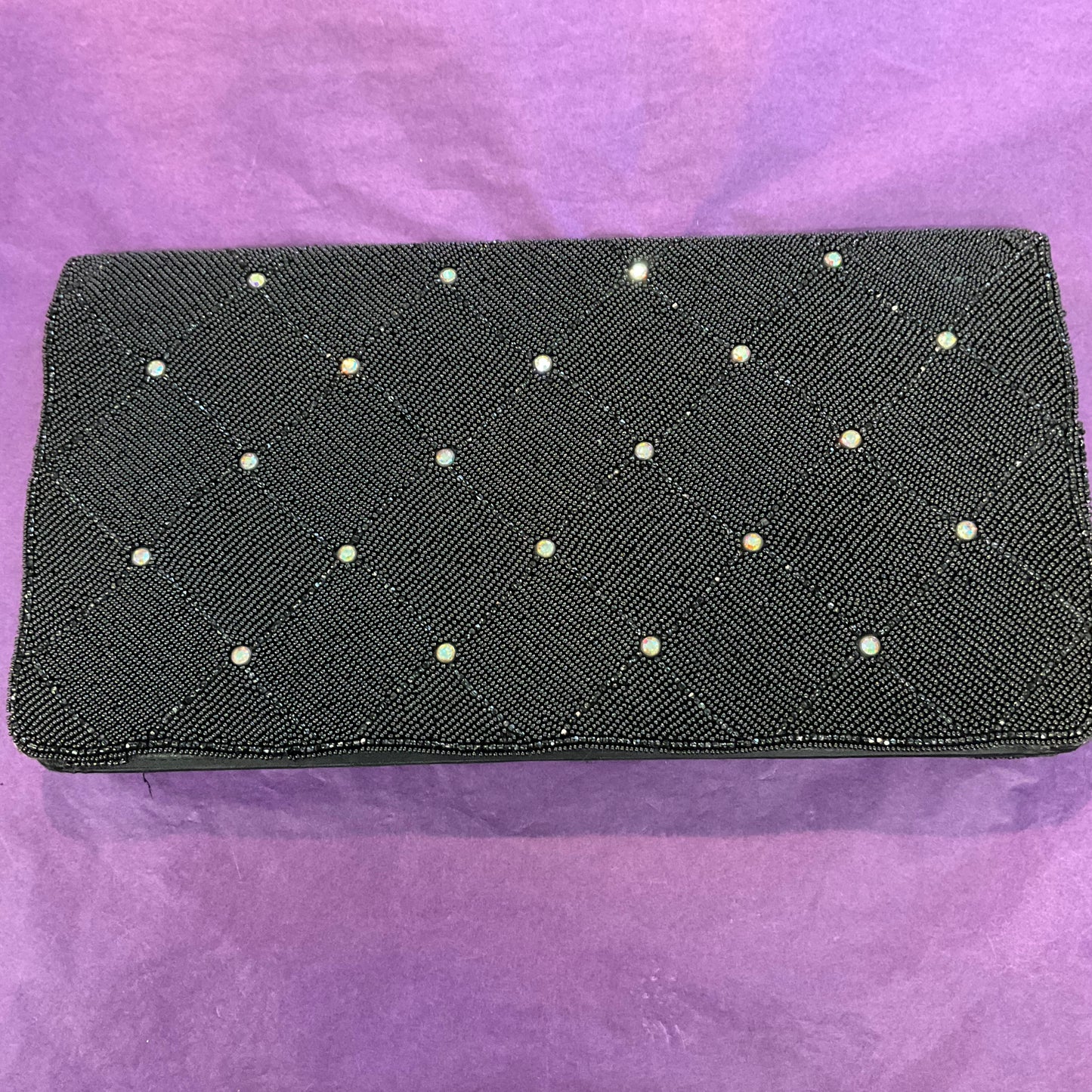 Vintage French 1940s/50s Black Beaded Clutch Bag with Borealis Crystals, Wedding, prom, formal event