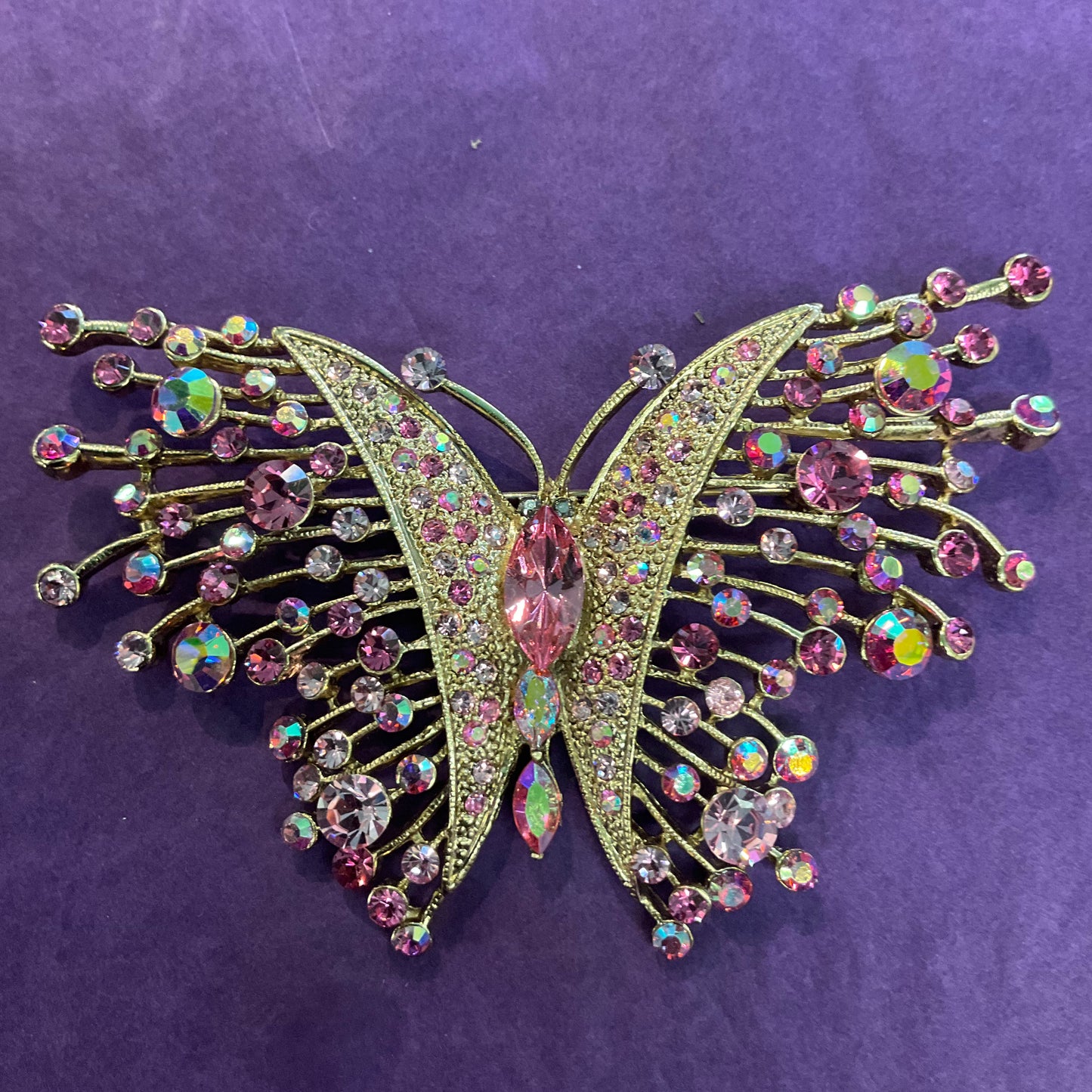 Vintage Butler and Wilson Oversized Pink Aurora Borealis Crystal Butterfly Brooch, signed In original box, gifts for them