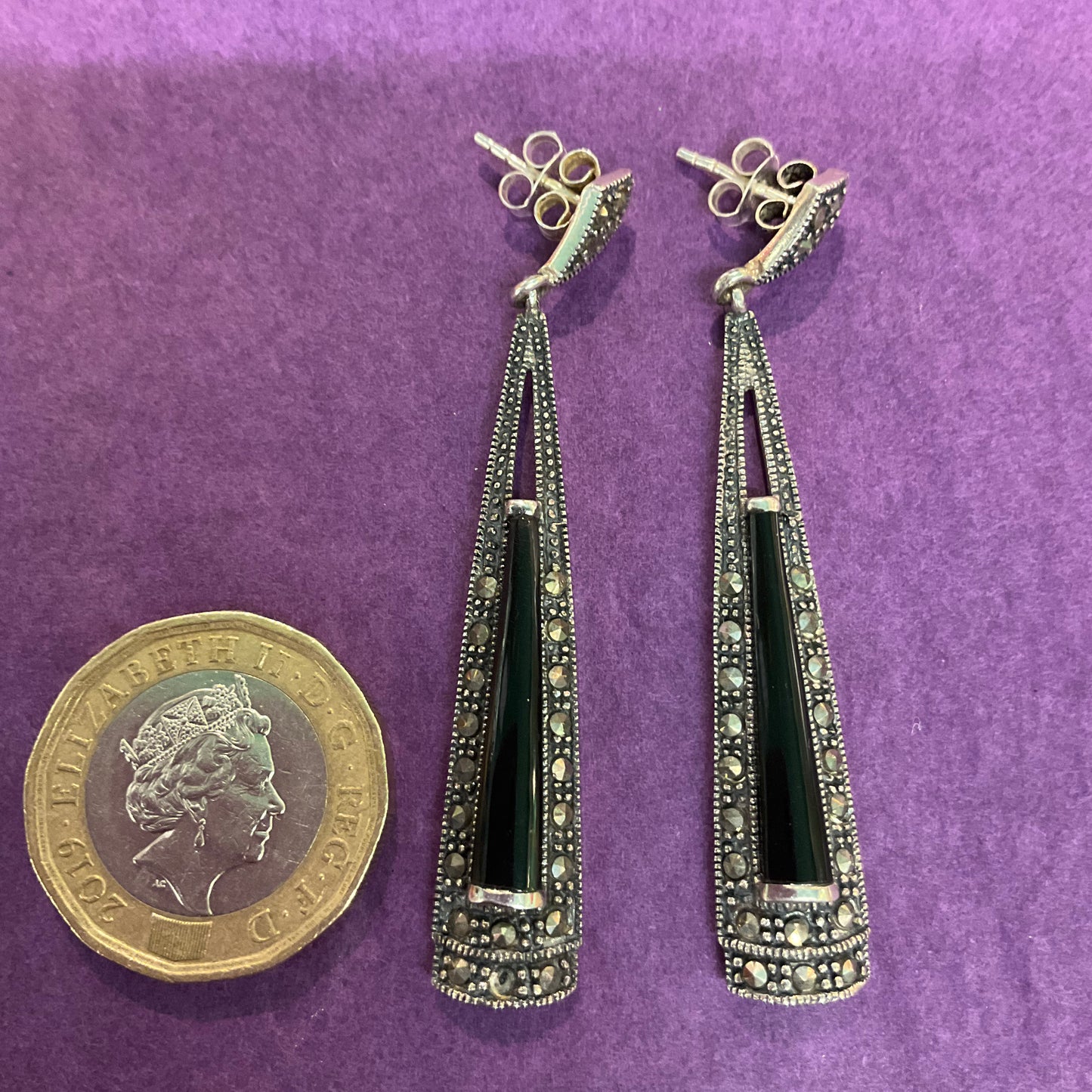 Vintage Art Deco Style Silver Marcasite and Jet Long Drop Earrings
