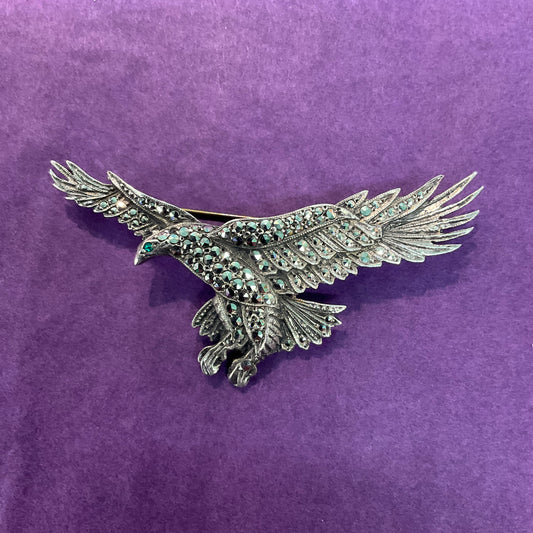 Vintage 1930s/40s large silver and marcasite Eagle brooch, stamped Silver, birthday