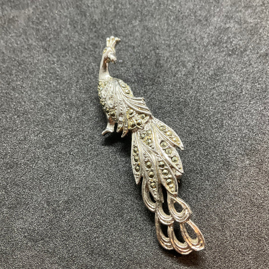 Vintage 1940/50s silver tone and Marcasite Stone Peacock Brooch