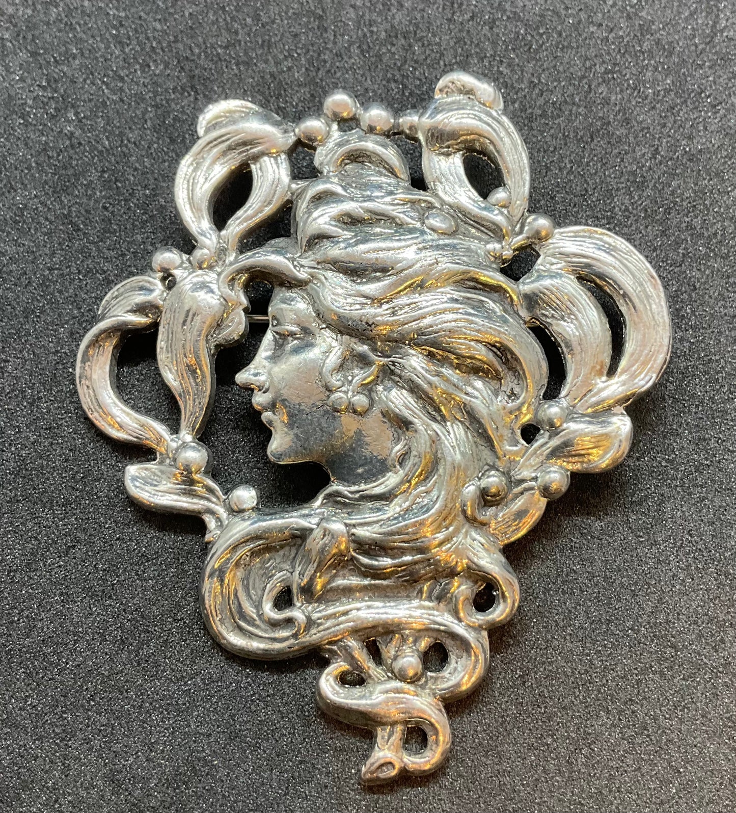 Vintage Pewter Art Nouveau Lady Brooch.