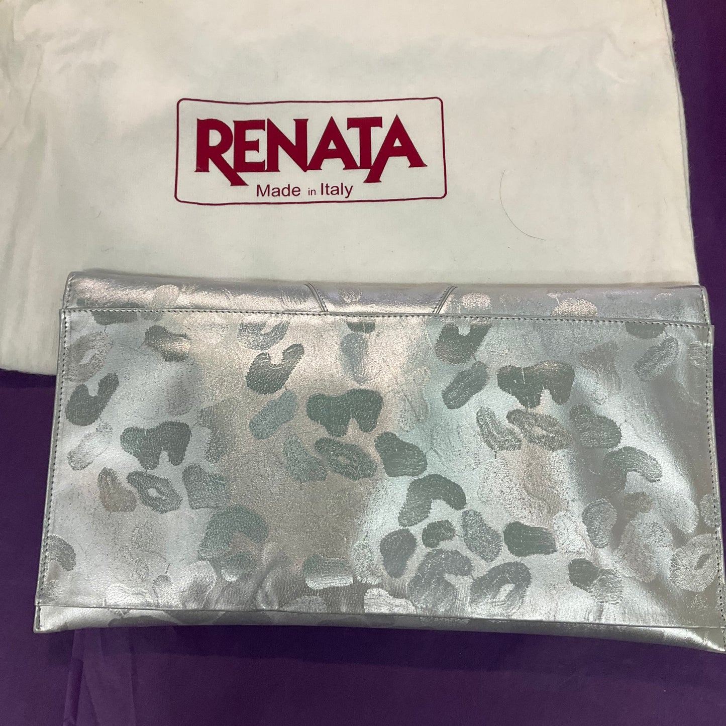 Vintage 1980s Italian RENATA Silver Faux Leather Abstract Leopard Print Clutch Bag, Rarely used in Original Box, Wedding, Formal Event