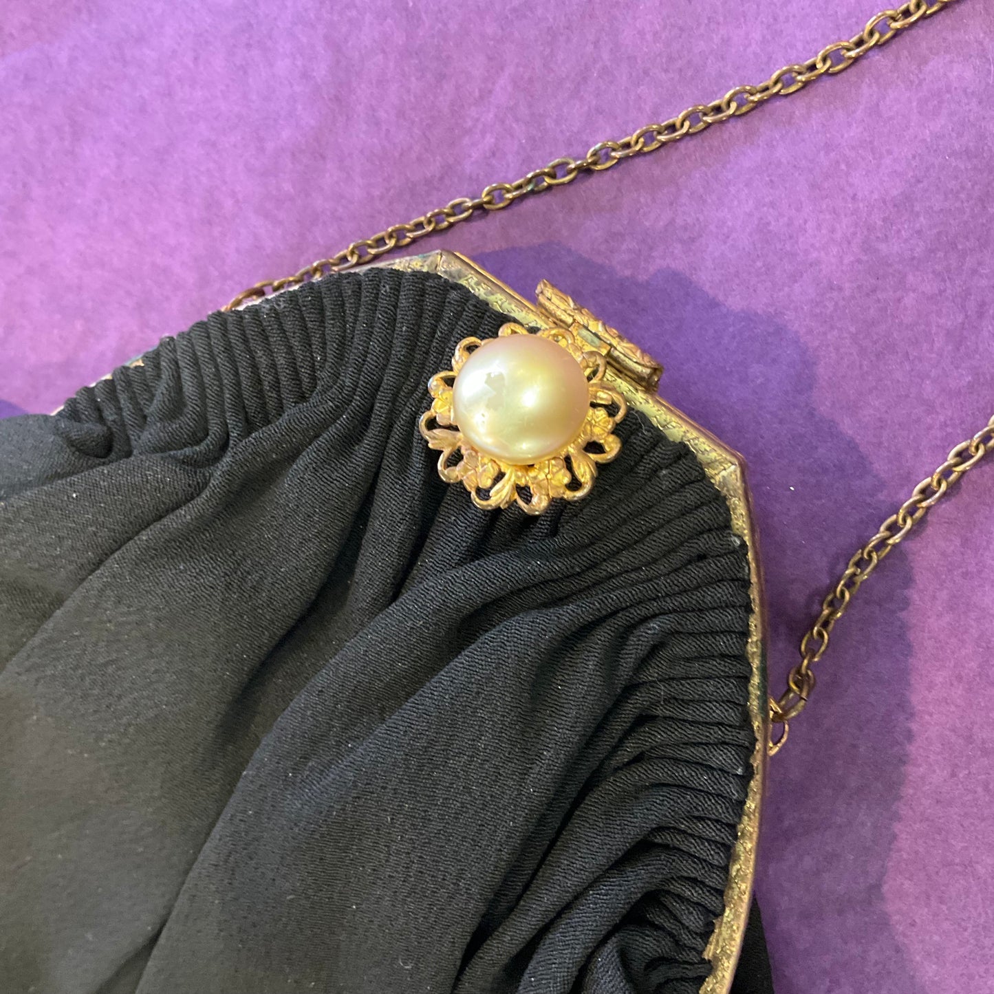 Antique Art Deco French Black Crepe pearl clasp evening bag- by SAILSBURYS