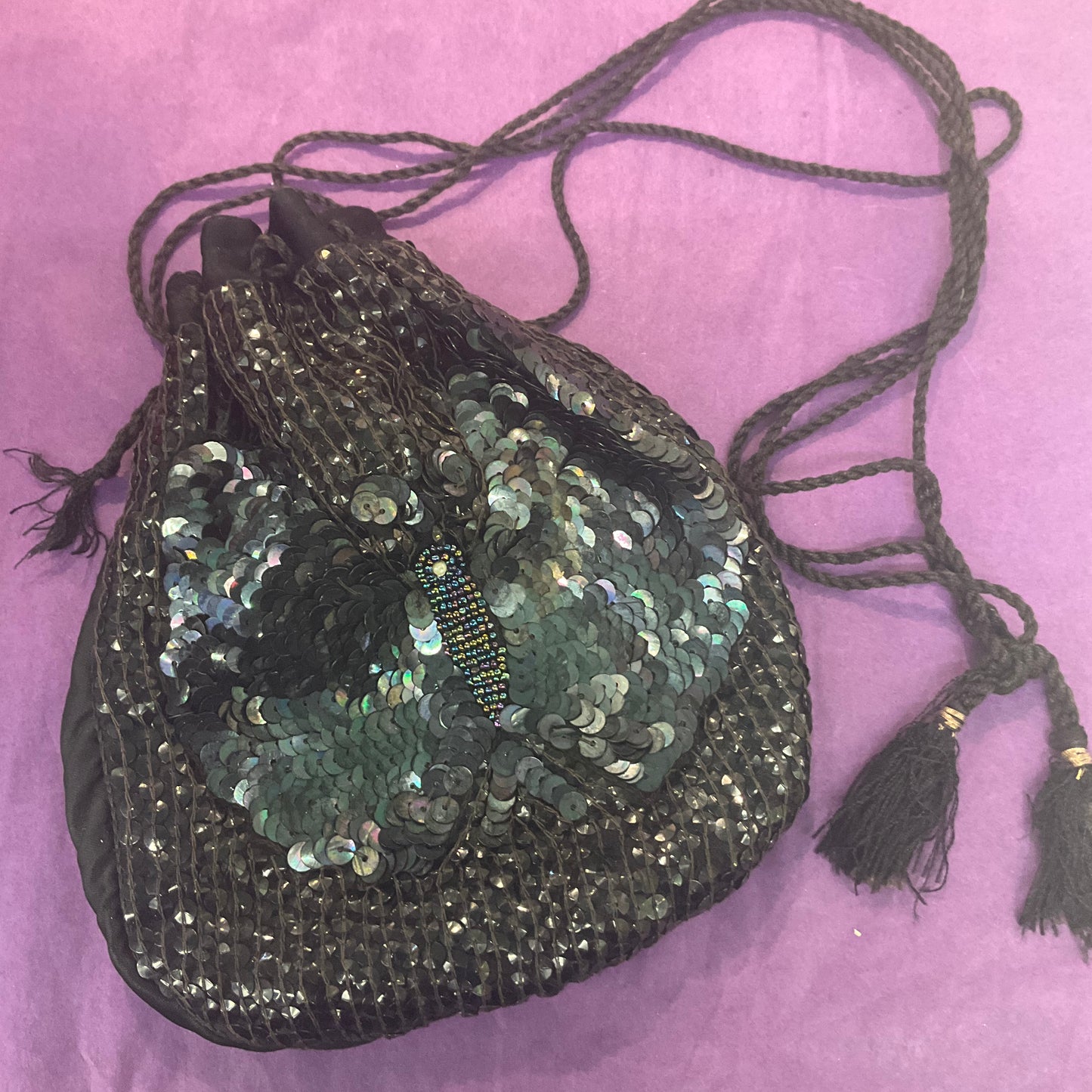 Vintage 1970s Black Silk Butterfly Beaded Drawstring Bag