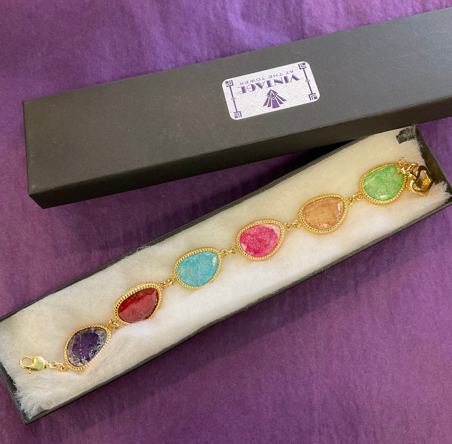 Vintage Butler and Wilson Multicoloured Gemstone Bracelet, gold tone metal, birthday gift , pride, festival