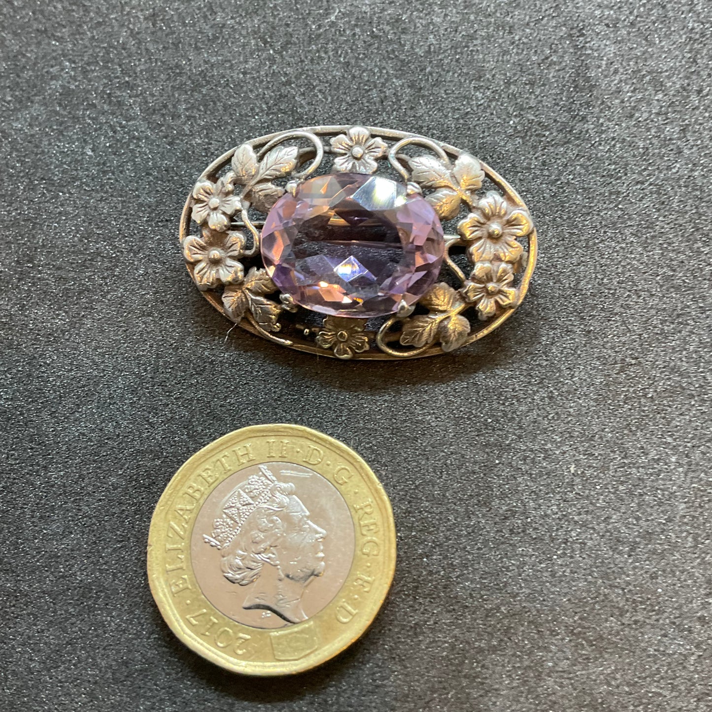 Vintage Silver and Amethyst Oval Brooch