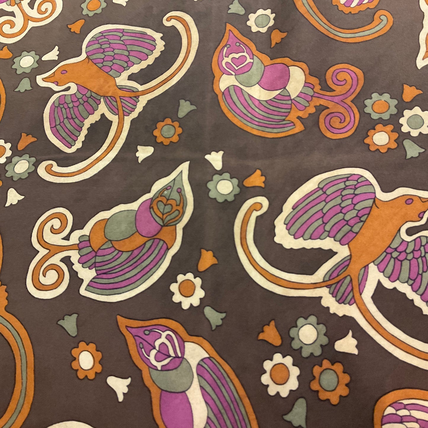 Vintage 1960s/70s Pure Silk Scarf, Birds and Floral Print, Made in England, Browns and Purples, Gifts for her