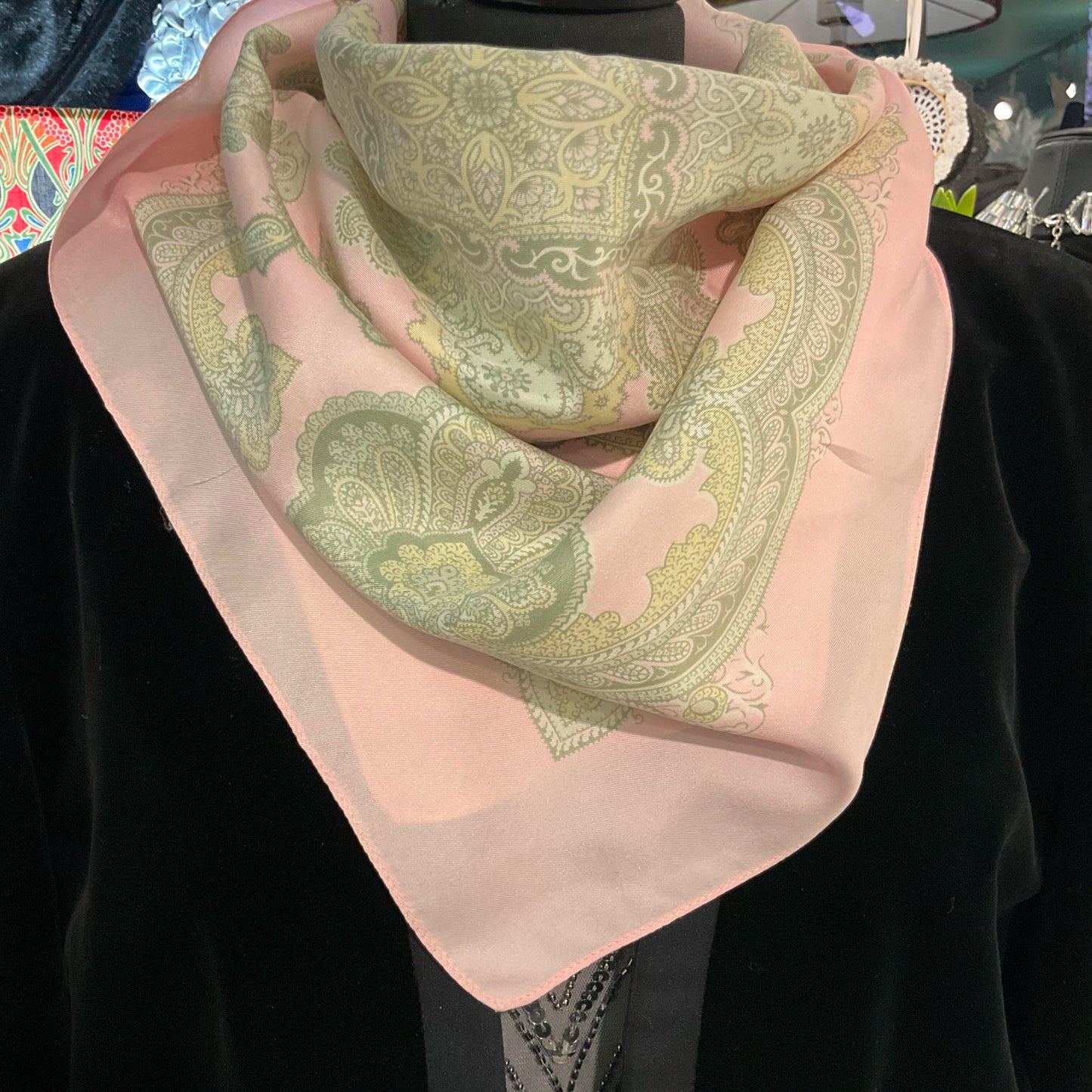 Vintage 1950s/60s liberty of London pure silk pale pink and green Paisley scarf. Made in England.