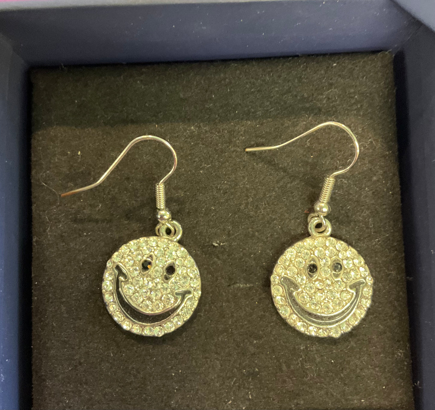 Vintage Butler and Wilson Smiley Face Silver Rhinestone drop earrings, signed