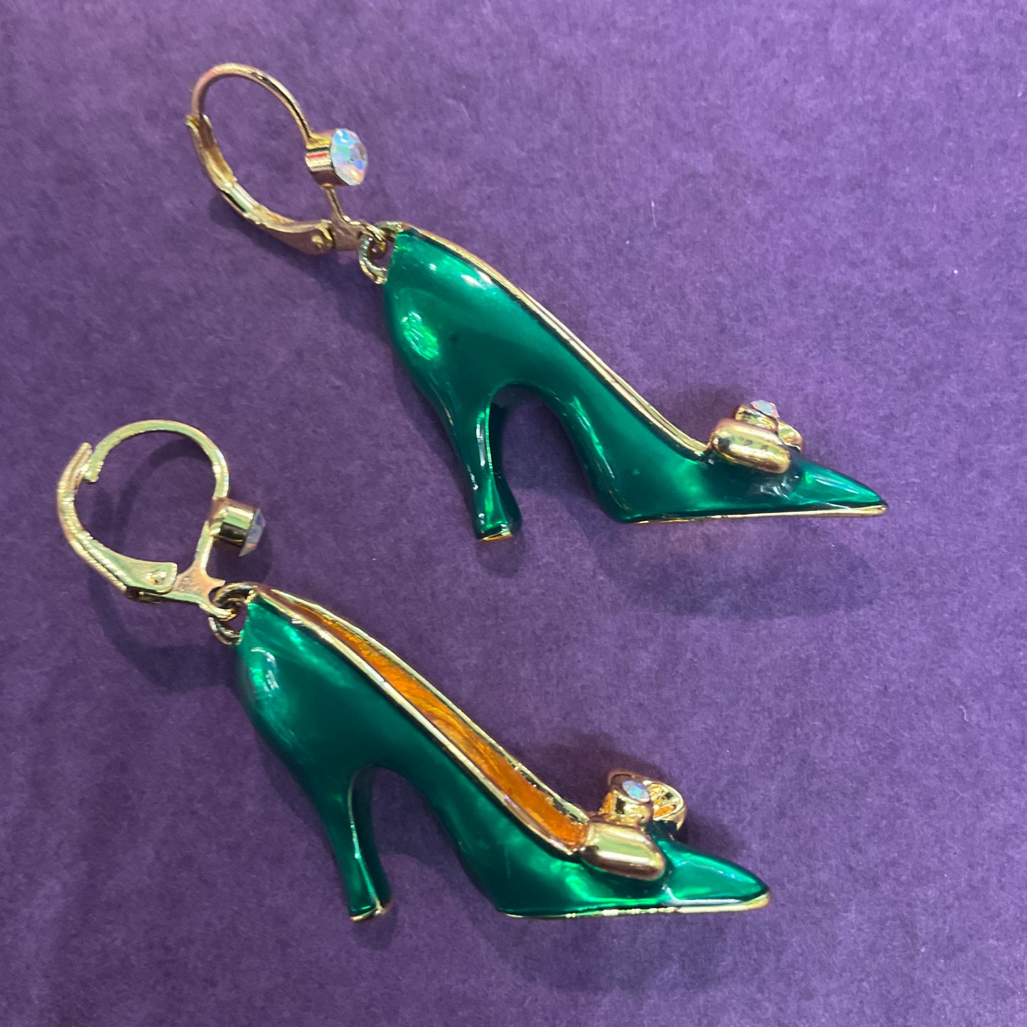 Vintage Butler and Wilson Disney Princess Green & Gold Enamel and Rhinestone Shoe Drop Earrings, Signed as new , shoe lover gift, Birthday