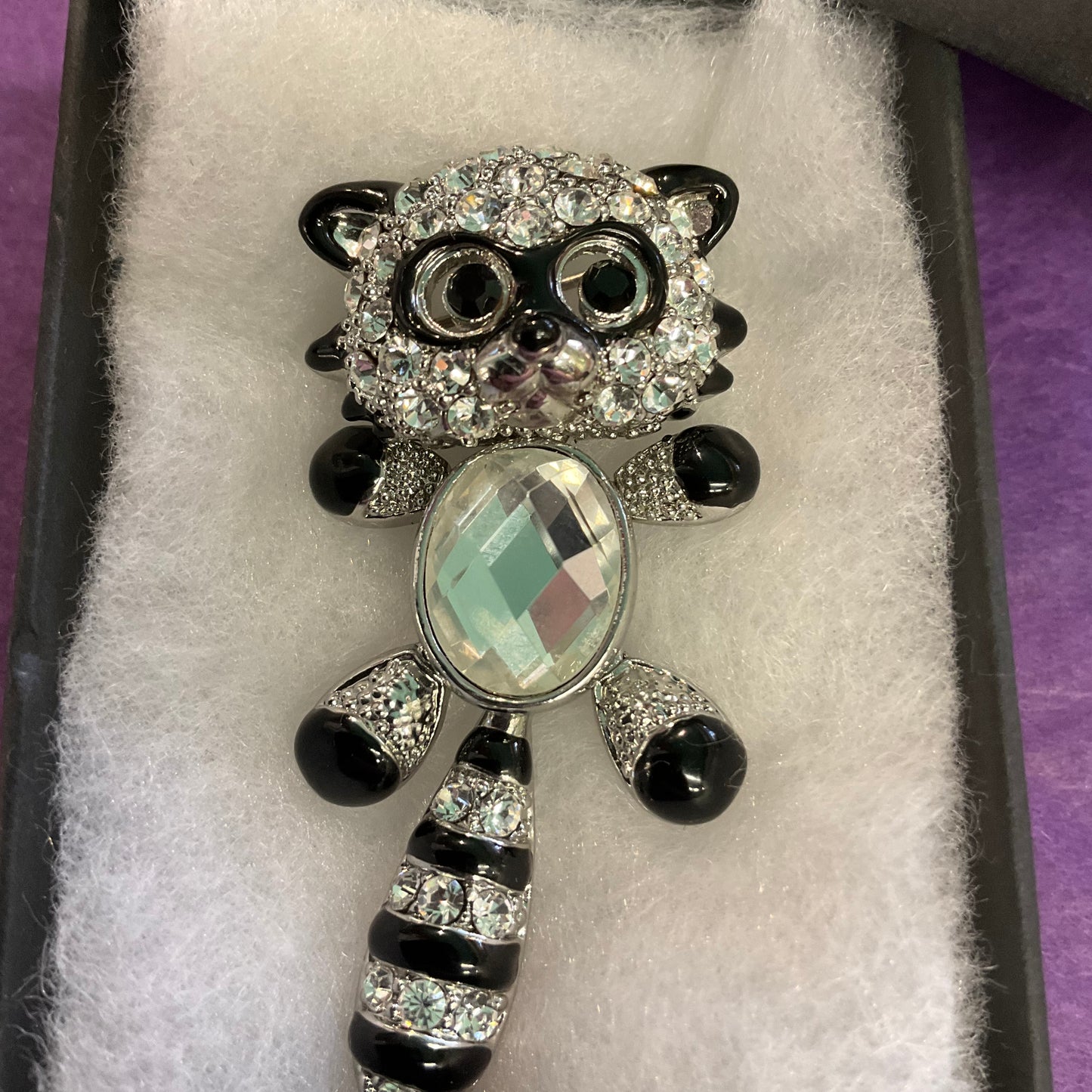 Vintage Butler and Wilson oversized Enamel and Crystal Raccoon Brooch, gift for her.